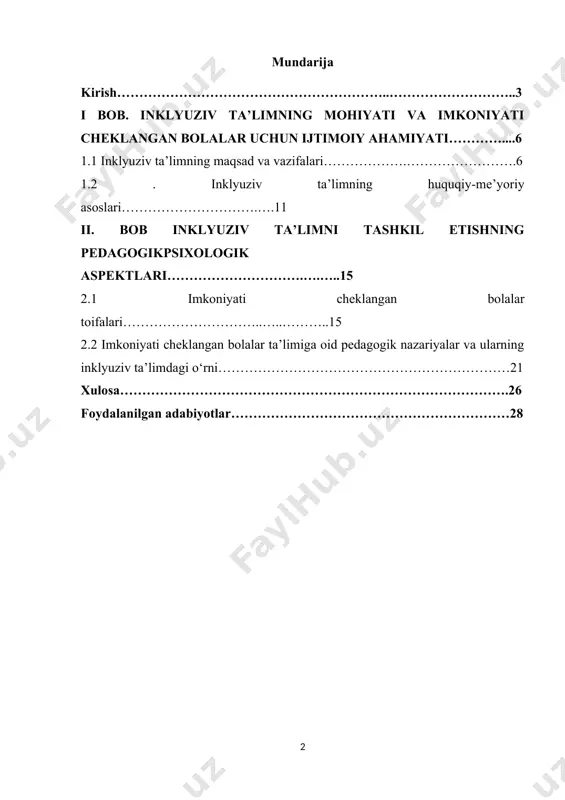 ni ta’minlovchi mexanizmlarini amaliyotga joriy etish muhim ahamiyat kasb etmoqda. mamlakatimizda inklyuziv ta’limni ta’lim oluvchilarning ijtimoiy ehtiyojlari va shaxsiy manfaatlaridan kelib chiqqan holda fan, ta’lim va ishlab chiqarishning mustahkam integratsiyasini ta’minlash asosida tashkil etishning huquqiy – me’yorlari ishlab chiqilgan. “alohida ta’lim ehtiyoji bo‘lgan bolalar uchun inklyuziv ta’limni tashkil etish maqsadida ta’lim muassasalari moddiy texnika bazasini mustahkamlash, o‘quv dasturlarini adaptivlashtirish, sog‘lomlashtiruvchi sifatli ta’lim xizmatlari imkoniyatlarini oshirish hamda bu jarayonga mos yuqori malakali kadrlar tayyorlash” kabi muhim vazifalar belgilandi[footnoteref:1] . boshlang‘ich ta’limda o‘qitish sifatini yaxshilash, o‘quvchilarning imkoniyatlariga mos, davlat ta’lim standartlari me’yorlari inobatga olingan o‘quv muhitini samarali tashkil etish, bu jarayonda tashkilotlar va jamoat institutlari hamkorligini kuchaytirish yanada muhim ahamiyat kasb etmoqda. mazkur ijtimoiy-pedagogik masalalarni hal etishda ta’lim, sog‘liqni saqlash va mahalla tashkilotlarining imkoniyati cheklangan bolalarni sifatli ta’lim xizmatlari bilan ta’minlash borasidagi o‘zaro manfaatli hamkorligi talab etiladi. bu esa, boshlang‘ich sinf o‘qituvchilarida metodik mahorat, kasbiy kompetentlikni rivojlantirishning klasterli yondashuvlari, tashkiliy omillari, pedagogik-psixologik …