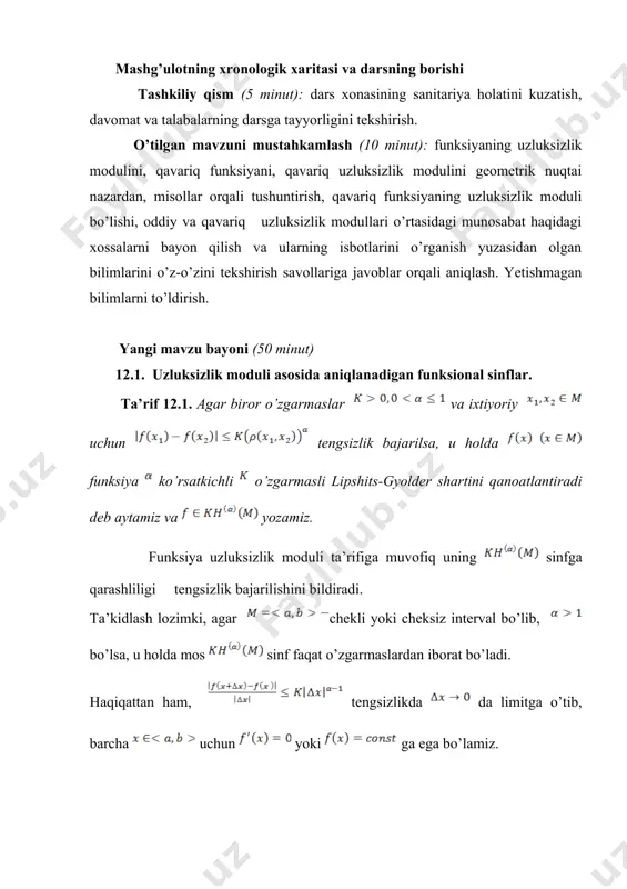 i bilan belgilaymiz. yuqoridagi belgilashlarni nazarda tutsak, u holda bo’lib, dir. orqali ko’rsatkichli biror o’zgarmasli lipshits-gyo’lder shartini qanoatlantiruvchi funksiyalar to’plamini belgilaymiz: . kelgusida, agar son o’qining qayd qilingan yopiq chekli kesmasi bo’lsa, simvolni yozmaslikka kelishib olamiz. shu tariqa biz sinflarga ega bo’lamiz. agar biz -davrli funksiyalar ni butun son o’qida qarasak, u holda simvolni to’lqin belgisi bilan almashtiramiz. masalan, , yoki (yoki) bilan oraliqda marta uzluksiz differensiallanuvchi funksiyalar to’plamini, bilan tengsizlikni qanoatlantiruvchi ning qism-to’plamini belgilaymiz. -davrli funksiyalar sinflari va shunga o’xshash ma’noga ega. nihoyat , agar (yoki ) bo’lsa, u holda (mos ravishda ) bilan shunaqa funksiyalar to’plamini belgilaymizki, shu tariqa biz va hokazo funksional sinflarga ega bo’lamiz. 12.2. uzluksizlik moduli asosida aniqlangan funksional sinflarning xossalari. agar (bu yerda barcha haqiqiy sonlar to’plami yoki son o’qi) bo’lib, da uzluksiz differensiallanuvchi va bajarilsa, u holda embed equation.3 isbot. buning isboti chekli orttirma formulasi dan kelib chiqadi. □ aytaylik, uzluksizlik moduli, da …