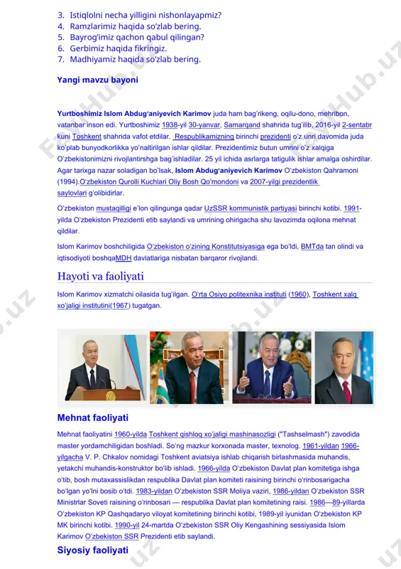 shqadaryo viloyat komitetining birinchi kotibi, 1989-yil iyunidan oʻzbekiston kp mk birinchi kotibi. 1990-yil 24-martda oʻzbekiston ssr oliy kengashining sessiyasida islom karimov oʻzbekiston ssr prezidenti etib saylandi. siyosiy faoliyati 1991-yil 31-avgustda karimov tarixiy voqea — oʻzbekiston respublikasining davlat mustaqilligini eʼlon qildi. 1991-yil 29-dekabrda muqobillik asosida oʻtkazilgan umumxalq saylovida karimov oʻzbekiston respublikasi prezidenti etib saylandi. 1995-yil 26-martda boʻlib oʻtgan umumxalq referendumi yakunlariga koʻra, karimovning prezidentlik vakolati 2000-yilga qadar uzaytirildi. 2000-yil 9-yanvarda u muqobillik asosida oʻzbekiston respublikasining prezidenti etib qayta saylandi. ilmiy faoliyati karimov oʻzbekiston fa akademiyasi (1994), shuningdek, iqtisod, fan, taʼlimni rivojlantirishga qoʻshgan ulkan hissasi uchun oʻndan ortiq xorijiy mamlakat universitet va akademiyalarining faxriy fan doktori, professor hamda akademikligiga saylangan. ularning "oʻzbekistonning oʻz istiqlol va taraqqiyot yoʻli" (1992), "yangi uy qurmay turib, eskisini buzmang" (1993), "oʻzbekiston — bozor munosabatlariga oʻtishning oʻziga xos yoʻli" (1993), "bizdan ozod va obod vatan qolsin" (1994), "istiqlol va maʼnaviyat" (1994), "vatan sajdagoh kabi muqaddasdir" (1995), "oʻzbekiston xxi …