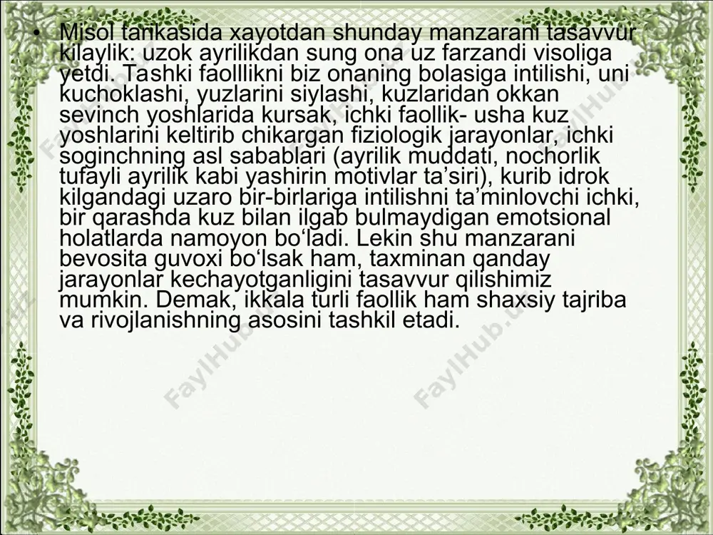 ffakiyatli bajarishni ta’minlasa, biz buni kunikmalar deb ataymiz. . kunikmalar – doimo bizdagi aniq bilimlarga tayanadi. masalan, kunikma va malakalar uzaro boglik bo‘ladi, shuning uchun ham ukuv faoliyati jaarayonida shakllanadigan barcha kunikmalar va malakalar shaxsning muvaffakiyatli ukishini ta’minlaydi. ikkalasi ham mashklar va kaytarishlar vositasida mustaxkamlanadi. agar, fakat malakani oladigan bo‘lsak, uning shakllanish yullari kuyidagicha bulishi mumkin: oddiy namoyish etish yo‘li bilan; tushuntirish yo‘li bilan; ko‘rsatish bilan tushuntirishni uyg‘unlashtirish yo‘li bilan. xayotda ko‘nikma va malakalarning ahamiyati katta. ular bizning jismoniy va aqliy urinishlarimizni yengillashtiradi va o‘qishda, mehnatda, sport sohasida va ijodiyotda muvaffaqiyatlarga erishishimizni ta’minlaydi. faoliyatni klassifikatsiya qilish va turlarga bo‘lishning yana bir keng tarqalgan usuli – bu barcha insonlarga xos bo‘lgan asosiy faolllik turlari buyicha tabaqalashdir. bu – muloqot, o‘yin, o‘qsh va mehnat faoliyatlaridir. muloqot- shaxs individual rivojlanishi jarayonida namoyon bo‘ladigan birlamchi faoliyat turlaridan biri. bu faoliyat insondagi kuchli ehtiyojlardan biri- inson bulish, odamlarga uxshab gapirish, ularni tushunish,sevish, uzaro munosabatlarni muvofiklashtirishga …