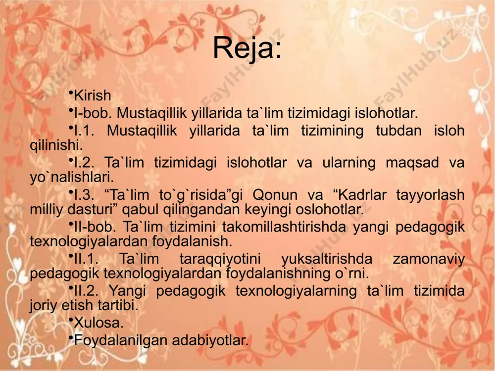 rixan qisqa vaqt ichida qanday yutuqlarga erishganimizni jahon jamoatchiligi ko`rib, kuzatib turibdi. erishilgan yutuqlar haqida jahonning eng nufuzli iqtisodchilari, siyosatchilar ko`pdan-ko`p ijobiy fikrlar aytmoqdalar, yutuqlarimizni bir necha o`n yilliklarga, hatto asrlarga qiyoslamoqdalar. rsepublikamiz ta`limida ro`y berayotgan o`zgarishlarni baholash, qiyoslahs uchun bizga sobiq ittifoq-eski mustabid tuzumdan qanday ta`limiy meros qolganini yana bir bor esga olish lozim, deb o`ylayman. zotan, qiyoslash, nisbatlar qo`lamini hisobga olish pedagogikada muhim ahamiyatga ega. i-bob. mustaqillik yillarida ta`lim tizimidagi islohotlar. i.1. mustaqillik yillarida ta`lim tizimining tubdan isloh qilinishi. mamlakatimiz istiqlolining eng dastlabki kunlaridanoq, buyuk ma`naviyatimiz va qadriyatlarimizni tiklash va yanada yuksaltirish, milliy ta`lim-tarbiya tuzimini mustahkamlash, uni davr talablari bilan uy`gunlashtirish asosida jahon andozalari va ko`nikmalari darajasigaolib chiqish maqsadlariga favqulodda katta ahamiyat berildi. bu o`rinda istiqlolimizning ilk yillari ta`limida amalga oshirilgan ayrim ishlarni ko`rsatib o`tish maqsadga muvofiqdir. eng avvalo, 1992 yilda mustaqil respublikamizda ta`limni o`rni, vazifasi, huquqiy kafolatlarini belgilaydigan birinchi “ta`lim to`g`risida”gi qonun qabul qilindi. maxsus qonun respublikamizda …