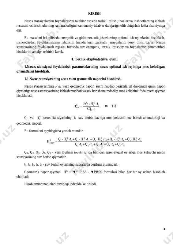= 1.3. nasos stansiyasining birlamchi tо‘liq naporini hisoblash. nasos stansiyasining birlamchi tо‘liq napori taxminiy qiymat bо‘lib, bu qiymat quyidagi formula bilan aniqlanadi. h = hg + σδh (3) σδh - nasos stansiyasi surish va bosim quvurlarida, suv chiqarish inshootida yо‘qolgan napor qiymatlari yig‘indisi, m. σδh - qiymati tavsiyalarga kura quyidagicha aniqlanadi. σδh = δhm + δhs (4) δh - mahalliy qarshiliklarni yengishda sarf bо‘lgan napor, m. 5 δhm = 1,0 ÷ 1,5 m δhs -uzunlik buyicha yо‘qolgan napor qiymati, m. δhs = f . lbos (5) l - bosim quvurining uzunligi buyicha yuqolgan napor qiymati, m. max 30,004, 3 / 'nsf agar q м s bo lsa  max 30,003 0,0035, 3 10 / 'nsf agar q м s bo lsa    max 30,0025 0,003, 10 / 'nsf аgar q м s bo lsa   max nsq -topshiriq blankasida berilgan maksimal qiymat, m3/s. nasos stansiyasining birlamchi maksimal …