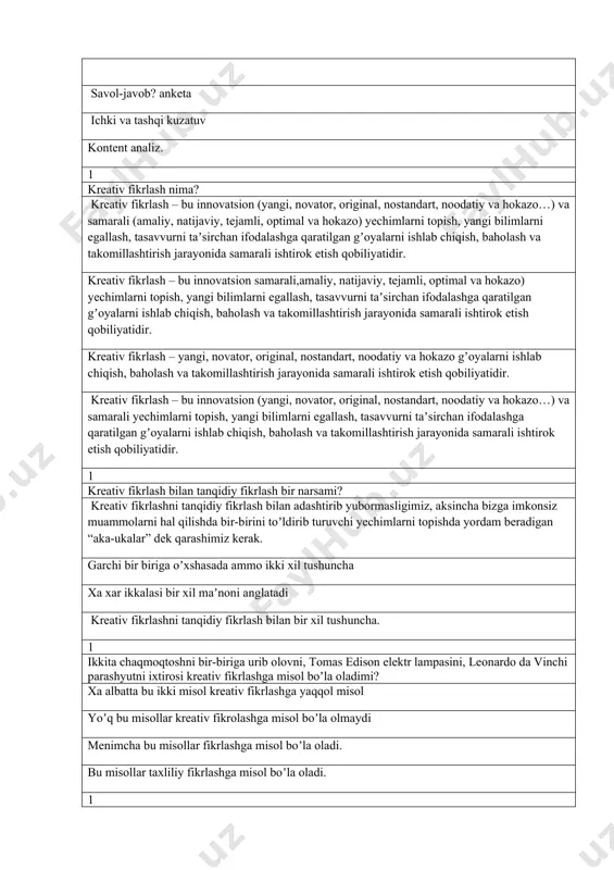 ilan tanqidiy fikrlash bir narsami? kreativ fikrlashni tanqidiy fikrlash bilan adashtirib yubormasligimiz, aksincha bizga imkonsiz muammolarni hal qilishda bir-birini toʼldirib turuvchi yechimlarni topishda yordam beradigan “aka-ukalar” dek qarashimiz kerak. garchi bir biriga oʼxshasada ammo ikki xil tushuncha xa xar ikkalasi bir xil maʼnoni anglatadi kreativ fikrlashni tanqidiy fikrlash bilan bir xil tushuncha. 1 ikkita chaqmoqtoshni bir-biriga urib olovni, tomas edison elektr lampasini, leonardo da vinchi parashyutni ixtirosi kreativ fikrlashga misol boʼla oladimi? xa albatta bu ikki misol kreativ fikrlashga yaqqol misol yoʼq bu misollar kreativ fikrolashga misol boʼla olmaydi menimcha bu misollar fikrlashga misol boʼla oladi. bu misollar taxliliy fikrlashga misol boʼla oladi. 1 kreativ fikrlash bu tugʼma layoqatga misol boʼla oladimi? kreativ fikrlash bu yillar davomida insonni oʼqib oʼrganishi, izlanishi davomida shakllanadigan jarayon yoʼq kreativ fikrlashni mashqlar yordamida shakllantirish lozim. xa 1 nima uchun tanqidiy fikrlashni rivojlantirish ta'limning asosiy maqsadi bo'lishi kerak? tanqidiy fikrlash orqali taʼlimni rivojlantirish, yangi gʼoyalar, …