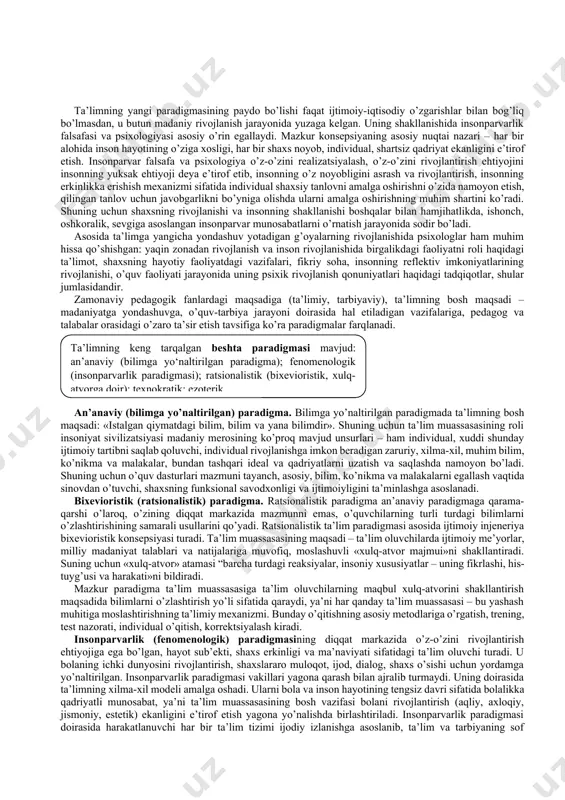 ika va metodika mustahkam aloqa va o’zaro bog’liqlikda joylashadi. didaktika o’qitishning umumiy qonuniyatlarini o’rganadi. aniq bir predmetni o’qtishning o’ziga xos xususiyatlari xususiy metodikalarda ishlab chiqiladi. didaktikaning asosiy kategoriyalari. muayyan fanga xos bo’lgan tushunchalarda insoniyat tomonidan ijtimoiy taraqqiyot jarayonida to’plangan bilimlar aks etadi. didaktikaning asosiy kategoriyalari quyidagilardan iborat: o’rgatish, o’rganish, o’qitish, ta’lim, bilim, ko’nikma, malaka, kompetensiya, maqsad, mazmun, tashkil etish, shakl, metod, vosita, natija. o’rgatish – o’qitish maqsadini amalga oshirish bo’yicha pedagogning tartiblangan faoliyati. o’rganish – anglash, mashq qilish, va egallangan tajribalar asosida xulq-atvor va faoliyatning yangi shakllarini egallash jarayoni, oldin egallanganlari o’zgaradi. o’qitish – qo’yilgan maqsadga erishishga yo’naltirilgan pedagog bilan o’quvchilarning tartiblangan o’zaro harakati. ta’lim – o’qitish jarayonida egallanadigan bilim, ko’nikma, malakalar, kompetensiya va fikrlash usullari tizimi. bilim – ma’lum bir fanni nazariy o’zlashtirishni aks ettiradigan inson g’oyalari yig’indisi; ko’nikma – egallangan bilimlarning aniq xatti-harakatdagi ifodasi, o’zlashtirilgan bilimlarni amaliyotga qo’llash usullarini egallash. malaka – avtomatlashgan, biror bir usul bilan bexato …