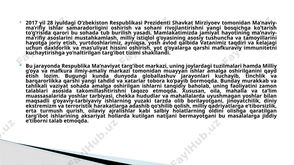 g shakllanishi va rivojlanishida alohida o’rin tutib kelgan, qadimiy shaharlar yubileylarining nishonlanishi ma’naviy islohotlarning uzviy bir qismidir. ushbu tadbirlar xalqimizning o’lmas merosini asrab-avaylash, keng targ’ib etish, yurtdoshlarimiz, ayniqsa , yosh avlodni milliy g’urur va iftixor, vatanga muhabbat va sadoqat ruhida tarbiyalash, yoshlarimizni boy madaniy merosimizni qadrlashga, uni ko’z qorachig’idek avaylab-asrashga o’rgatadi. shu bilan birga, jahon tsivilizatsiyasi taraqqiyotiga ulkan hissa qo’shgan qo’hna shaharlarga bag’ishlab o’tkazilgan tantanalar o’zbekistonning dunyo miqyosidagi obro’- e’tiborini yanada oshirishga, tariximizning bebaho sahifalarini tiklashga, madaniyatimizni boyitishga xamda oliy maqsadimiz - kelajagi buyuk davlatimiz poydevorini shakllantirib, o’zimizning milliy an’analarimizga suyangan dasturlar asosida taraqqiy topgan demokratik davlatlar qatorida jahon hamjamiyatiga kirib borishiga xizmat qiladi. 2.milliy qadriyatlar va moddiy madaniyatni tiklash borasidagi keng ko’lamli islohotlar diniy qadriyatlarning tiklanishi ham xalqimiz ma’naviyati yuksalishida muhim ahamiyat kasb etadi. ushbu sohadagi o’zgarishlarga asos bo’lgan qonunchilikning maqsadi har bir shaxsning vijdon erkinligi va diniy e’tiqod huquqini, dinga munosabatidan qat’i nazar, fuqarolarning tengligini ta’minlash, shuningdek, diniy …