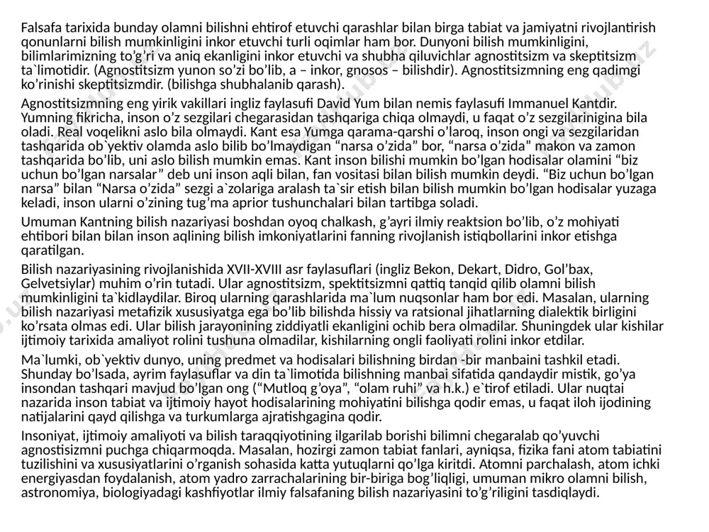 mavjud bo’lgan qonuniy bog’lanishlarni ochib beradi. obhektga nisbatan ham amaliy, ham nazariy jihatdan yondoshadi. masalan, nemis fiziologi gelg’mgolning ilgari surgan simvollari nazariyasiga muvofiq, inson avvalo o’z sezgirlarida tashqi olamni yaratadi. o’z sezgilarini narsa, xodisaga aylantiradi, keyin esa uni bilishga intiladi. u buyum obrazini buyumning o’zi bilan tenglashtiradi. sezgi ob`yektiv olam obrazi bo’lmay, olamning o’zi bo’lib qoladi. demak ushbu simvollar nazariyasiga ko’ra narsa bilan narsaning tasavvuri orasida farq yo’q. o’z vaqtida ibn sino empirik tabiatshunos sifatida pifagor, platon, o’rta asrdagi sxolast g’azzoliy kabilarni fikrlariga zarba berib mistik son yoki geometrik figuralari yo’q: son, geometrik figuralar konkret predmetsiz bo’lmaydi, degan xulosaga keladi. sezgi mazmuni predmetlar xossalari bilan hech qanday umumiylikka ega bo’lmagan belgilar, simvollar bilan almashtirish noto’g’ri. sezgi obrazi moddiy dunyo narsa va xodisalarining inson sezgi ahzolarida aks etishi natijasida yuzaga kelgan. demak sezgi va tushunchada narsaning o’zi emas, narsaga nisbatan ikkilangan ko’rinishi hosil bo’ladi. obraz sezgi va tushunchadan tashqarida mavjud bo’lish …