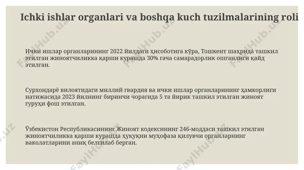 bekistonda 2023-yilga kelib, elektron to'lov tizimlarini kuzatish va tahlil qilish bo'yicha yangi texnologiyalar joriy etildi, bu esa pul yuvish operatsiyalarini aniqlash imkoniyatini oshirdi. 2022-yilda o'zbekiston respublikasi markaziy banki tomonidan amalga oshirilgan moliyaviy tekshiruvlar natijasida 5 milliard so'mdan ortiq pul yuvishga urinish holatlari aniqlangan va bu holatlar bo'yicha jinoyat ishlari qo'zg'atilgan. jinoyatchilikka qarshi intellekt xizmati xizmatning toshkent shahridagi markaziy ofisi 15 nafar malakali kiberxavfsizlik mutaxassislari bilan jihozlangan bo'lib, ular internet orqali sodir etilayotgan jinoyatlarni aniqlash va oldini olishda muhim rol o'ynaydi. jinoyatchilikka qarshi intellekt xizmati samarqand viloyatida 2022-yilda 300 dan ortiq tashkil etilgan jinoyatchilik guruhining faoliyatini to'xtatdi, bu esa 5 million aqsh dollaridan ortiq zararni oldini oldi. farg'ona vodiysida o'tkazilgan operatsiyada jinoyatchilikka qarshi intellekt xizmati 7 ta yirik qurol-yarog' omborini aniqlab, 100 dan ortiq qurol-yarog'ni musodara qildi, bu esa 20 dan ortiq rejalashtirilgan hujumlarning oldini oldi. korrupsiyaga qarshi kurash korrupsion xatti-harakatlarning oldini olish maqsadida oʻzbekiston respublikasida elektron hukumat tizimini joriy etish …
