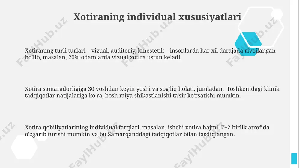 va yetarlicha uyqu xotira mustahkamligi uchun juda muhim. katta yoshdagi odamlar uchun 7-8 soatlik uxlash, masalan, toshkentdagi nevrologlar tavsiyasi bo'yicha, xotira faoliyatini yaxshilashda muhim rol o'ynaydi. xotira turlari uzun muddatli xotira 200 milliarddan ortiq neyronlar yordamida ma'lumotlarni saqlaydi, bu esa uning sig'imini deyarli cheksiz qiladi, samarqandlik olimlarining tadqiqotlari shundan dalolat beradi. qisqa muddatli xotira taxminan 7±2 birlik axborotni 15-30 sekund davomida saqlash qobiliyatiga ega bo'lib, andijon viloyatidagi testlarda bu raqamlar tasdiqlangan. xotira turlarining 3 turi mavjud: sensorli, vizual va auditori. sensorli xotira 20 dan ortiq ta'sirlarni 10 sekund ichida saqlash imkoniyatini beradi, vizual esa 7±2 birlik ma'lumotni, toshkentdagi eksperimentlar shuni ko'rsatdi. e'tiboringiz uchun rahmat @taqdimot_robot
