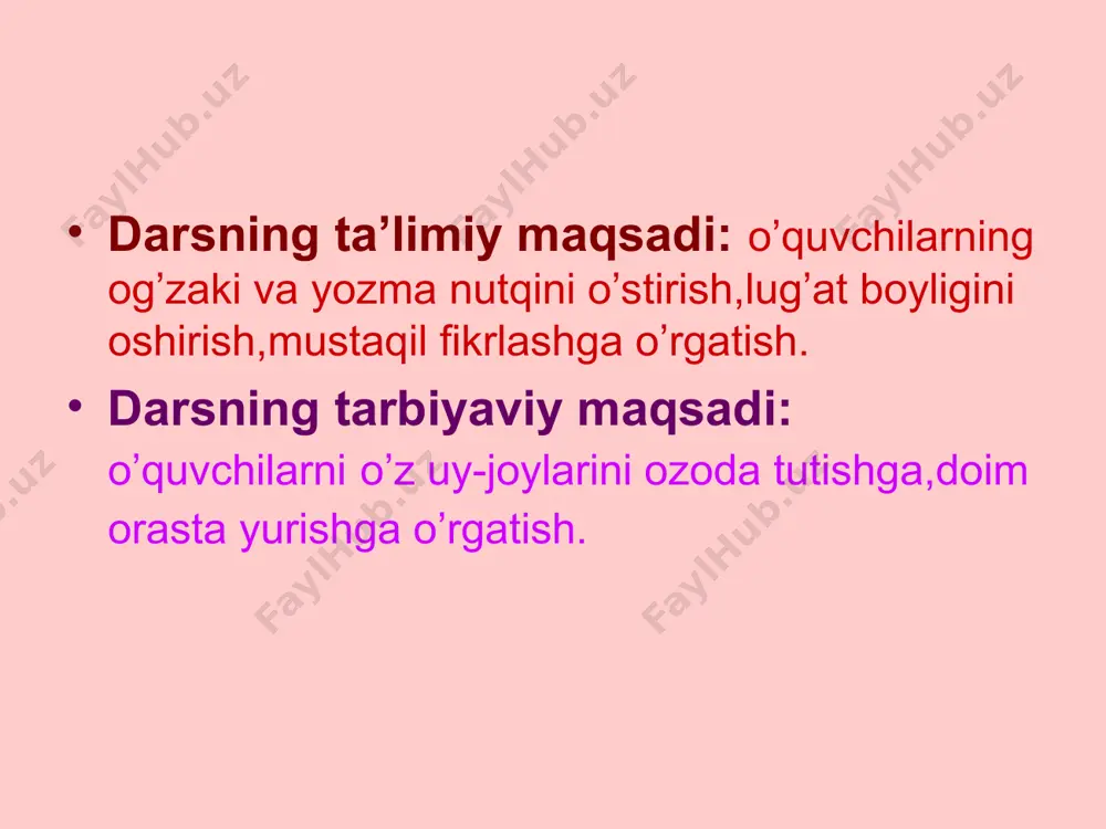 fe’li bilan bog’lab,tasdiq yoki inkor mazmunini ifodalovchiaplar tuzing. masalan:tozalikni yoqtiraman. go’zal,iflos,ko’rkam,olifta,qo’pol,tartibli,odobli. 3-topshiriq. she’rni ifodali o’qing,ajratib ko’rsatilgan so’z va so’z birikmalari ishtirokida gaplar tuzing. o’quuvchi, esingda bo’lisin. barvaqt turish odating bo’lsin, badantarbiya bo’lmasin kanda. ozodalik shioriring bo’lsin, salomatlik garovi shunda. yosh badaning quvvatga to’lur, mushaklaring misli tosh bo’lur. tishingni tutgin doimo toza, tish pastasida yuvgin rosa! esingdan hech chiqarma, keyin pushaymon bo’lma. lug’at. shior- lozung odat- privichka mushaklar- muskuli badantarbiya- zaryatka barvaqt- rano pushaymon- raskayanie orastalik haqida gaplar tuzing. uyga vazifa. uyda orastalikka qanday amal qilishingiz haqida 3-4 gapdan iborat matn tuzing.
