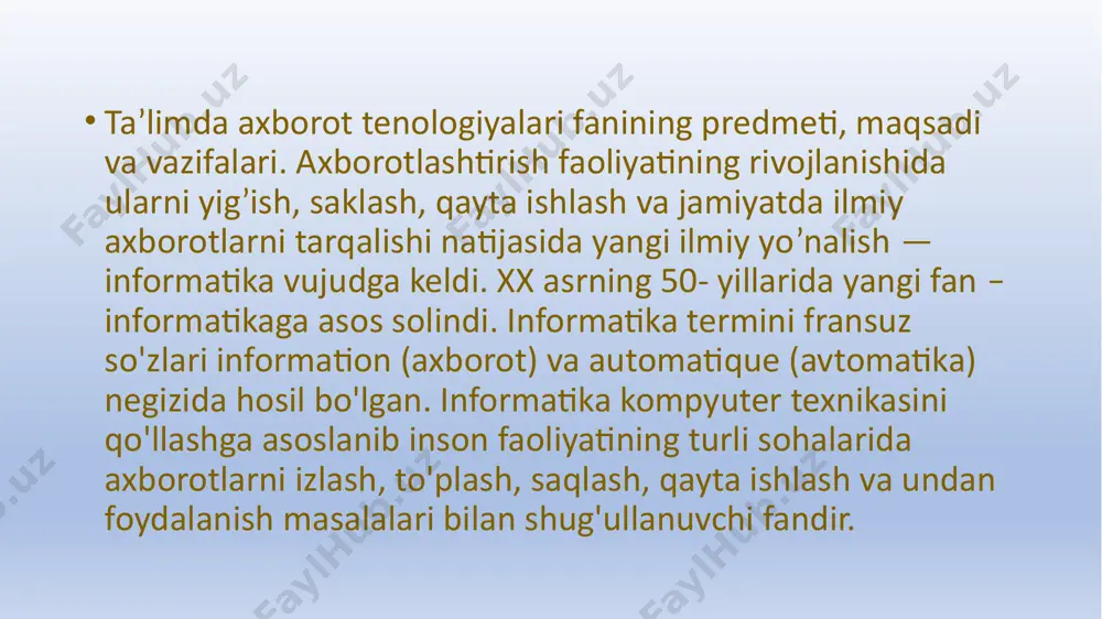 idan biri o’quvchilarda aniq bir fikrlash usulini shakllantirishdir. o’qitish shakli va usuli yosh o’quvchilarning fikrlashini va ijodiy qobiliyatini rivojlantirishga yo’naltirilgan bo’lishi lozim. masalaning qiyin tomoni shundaki, bir tomondan o’quvchining fikrlashini va ijodiy qobiliyatini rivojlantirish bo’lsa, ikkinchi tomondan ularga zamonaviy kompyuterlar olami haqidagi bilimlarni qiziqarli va uyg’un ko’rinishda berishdir. informatika fanining yoshlik darajasidagi dolzarblik jihatlari quyidagilarda akslanadi: - o’quvchilarda axborotlarni qayta ishlash jarayonida fikrlash tartibotlarini, jumladan, mantiqiy va abstrakt fikrlashni shakllantirish. - kompyuterdan o’quv vositasi sifatida foydalanishni ta’minlash maqsadida, uning yordamida axborot ustida amaliy ishlar olib borish, zamonaviy dasturiy ta’minot bilan tanishish. - kompyuterdan foydalanish ko’nikmasini shakillantirish o’quvchilarda uni o’rganilayotgan jarayonda hisoblash, tasvirlash, tahrirlash ishlarini bajarishda vosita sifatida qo’llash tajribasiga ega bo’ladilar. - yoshlarda hisoblash texnikasiga nisbatan uning samarali vosita sifatidagi ijobiy munosabatlarni shakllantiradi. - yoshlarda turli o’quv kurslarida olayotgan axborot va ma’lumotlarni kompleks ravishda o’rganish hamda ularning uzviyligini ta’minlash ko’nikmasini shakillantiradi. kompyuter o’quvchilarning ijodiy va abstrakt fikrlash darajasini yaxshiroq tushunish, …