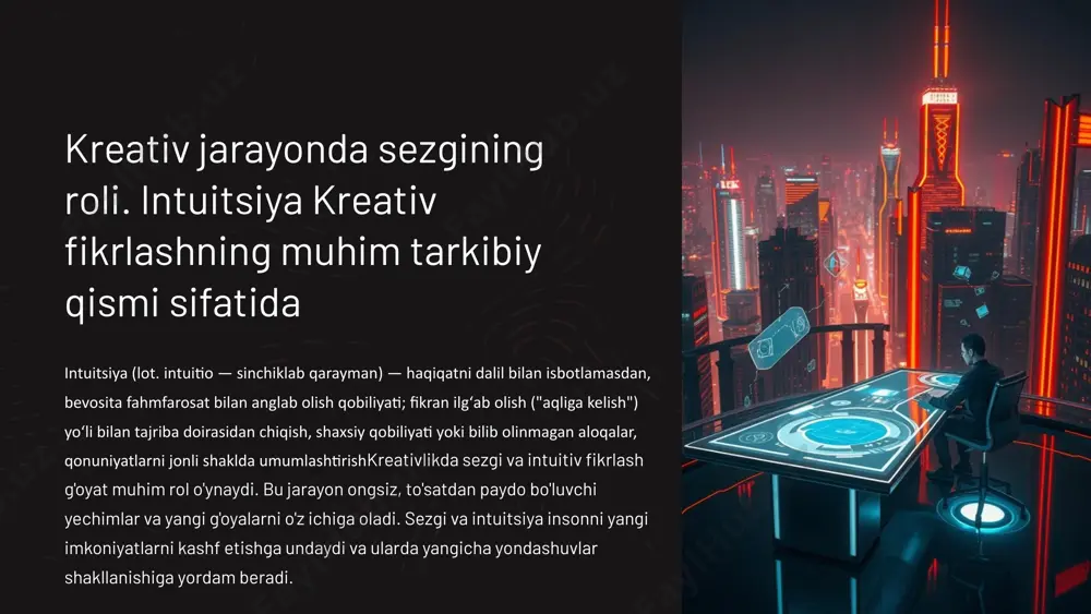 yechimlarni topishga undaydi, bu esa ularga kreativlik va innovatsiyalar olib keladi. 4 kreativlik va intuitsiya o'rtasidagi uzviy bog'liqlik ijodiy fikrlash intuitsiya insonning cheksiz imkoniyatlarini ochishga yordam beradi. u ijodiy fikrlashning asosiy harakatlantiruvchi kuchidir. yangi g'oyalar intuitsiv tafakkur yangicha yondashuvlar va yechimlarni yaratishga xizmat qiladi. u to'g'ridan-to'g'ri aql bilan qabul qilinmaydigan g'oyalarni ilg'ab olish imkonini beradi. ijodiy yechimlar intuitsiya kreativlarni kutilmagan, yangicha echimlarni topishga undaydi. u oddiy, ma'lum yechimlardan tashqariga chiqish imkonini beradi. 5 kreativ yechimlarni qidirishda intuitsiyadan foydalanish tanaffus olish fikrlash uchun dam olish, meditatsiya qilish, tabiat bilan aloqa o'rnatish intuitsiyani uyg'otadi. xayoliy sayyohlik muammoni yechishga yangicha yondashuvlar olib kelishi mumkin bo'lgan hissiy va tasviviy tajribalarni tasavvur qilish. empatiya boshqalarning nuqtayi nazarini hisobga olish yangi g'oyalar keltirib chiqarishi mumkin. ochiqlik yangi g'oyalarga ochiq va bag'rikeng bo'lish intuitsiyani rivojlantiradi. 6 kreativ yechimlarni qidirishda intuitsiyadan foydalanish usullari meditatsiya meditatsiya orqali tinch holat topa olish va intuitiv bilishni rivojlantirish mumkin. erkin fikrlash fikrlarni …