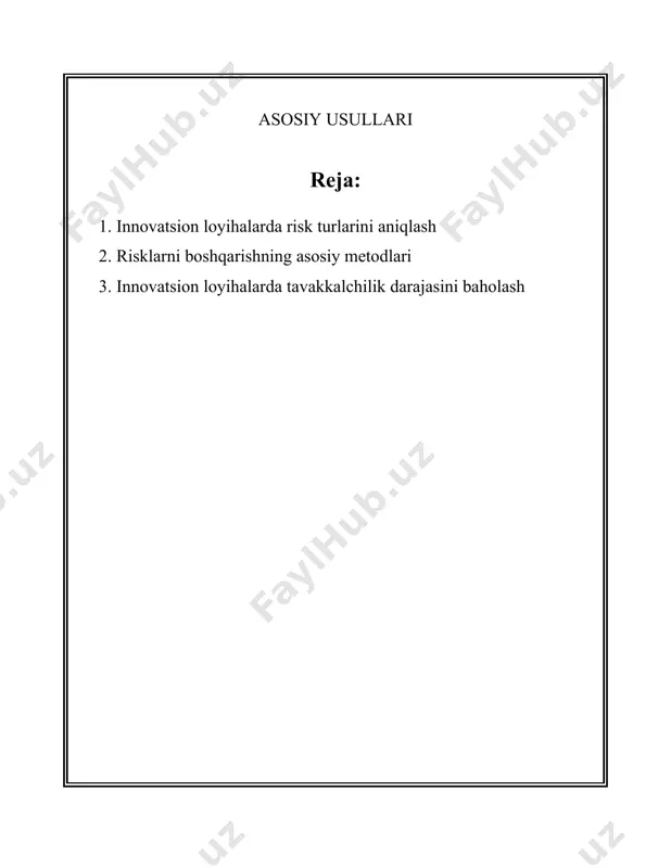novatsion loyihalar katta kapital talab qilishi mumkin va qaytadi deb kutilayotgan mablag' daromadsiz qolishi ehtimoli mavjud. moliyaviy risklar kredit olish, qarzlarni qaytarish muammosi, pul oqimlarining noto'g'ri boshqarilishi kabi faktorlarni qamrab oladi. malakali investitsiya vakillariga ko'ra, har qanday startapning omon qolish ehtimoli taxminan 10-20 foizni tashkil etadi. 4. **operatsion risklar**: bu turdagi risklar tashkilot ichidagi jarayonlar, xodimlar va boshqaruv tizimi bilan bog‘liq. muvaffaqiyatsiz ichki operatsiyalar, xodimlarning malakasizligi, resurslarning noto'g'ri taqsimlanishi kabilar operatsion risklar sirasiga kiradi. statistika asosida, odatda, korxonalar o'z operatsion jarayonlaridagi noaniqliklardan 5-10 foiz zarar ko‘radilar. 5. **huquqiy va me'yoriy risklar**: innovatsion mahsulot yoki xizmatlar yonida turli yangi qonunlar, litsenziyalar olish, intellektual mulk huquqlari bilan bog'liq muammolar tug‘ilishi mumkin. huquqiy xarajatlar bilan bog'liq risklar global bozorning 12 foizini tashkil qiladi. 6. **tashkiliy risklar**: bu turdagi risklar loyiha jamoasining tuzilishi, jamoa a'zolarining samaradorligi, boshqaruv uslubi kabi faktorlar bilan bog‘liq. notog'ri jamoaviy strategiya ko'p marta loyihaning muvaffaqiyatsiz yakunlanishiga olib kelishi mumkin. kpmg …
