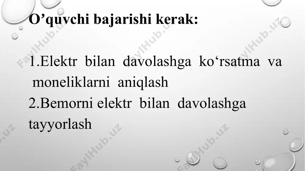 ati,talk. ko’rsatma: 1-2 darajali kuyishlar, sochlarning to’kilishi, teri kasailiklari. monelik: xavfii o’smalar, qon oqishi. algoritm: muolaia bajarishdan oldin apparat ishga tushiriladi. hamshira kafti bilan kerakii tok kuchini tanlab oladi. apparatni o’chirib elektrodni spirt bilan artadi. elektrodni o’chirib bemor badanining kerakli joyiga qo’yadi. apparat ishga tushirilib elektrod badan terisi bo’ylab yurgiziladi. silaganga o’xshash harakat qilinadi. elektrodni yurishi osonlashishi uchun terining ta’sir ko’rsatiladigan joyiga talk sepiladi (boshning sochli qismidan tashqari) bemorda igna sanchilayotgandek sezgi paydo bo’ladi. muolaja 5-15 min davom etadi. davo kursi 15-20 ta. uyuch muolajasini otkazish tartibi. uyuch apparati,sochiq,choyshab ko’rsatma: o’tkir va surunkali yalliglanishlar, angina, bronxit, bronxial astma, ayollar jinsiy a'zolari kasallikiari. monelik: o’smalar, metall buyumlar bo’lishi. jihozlar: uvch-66, uvch-62, ukch-400, ekron-2 algoritm: muolaja bemor yotgan, yarim o’tirgan holida o’tkaziiadi. elektrmaydon ta’sir qilgan joydan metall buyumlar olib tashlanadi. induktor plastinkalari to’grilanadi. bemor ogohlantiriladi: muolaja vaqtlda ma'lum miqdorda issiqlik sezishi mumkin. apparatni ishga solib regulyator quvvatiga 1- ko’rsatkichini buraydi. nazorat klavishini …