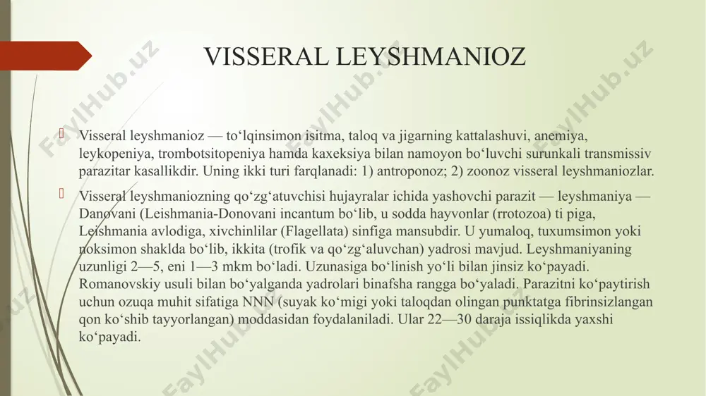 larga parazitni yuqtiradi. qon quyish (gemotransfuziya) orqali ham kasallikning yuqish hollari kuzatilgan. leyshmaniozda tabiiy va orttirilgan immunitet bo‘ladi. leyshmanioz bilan bir marta kasallanib o‘tgan shaxslarda qayta kasallanish kuzatilmaydi. patogenezi va patologik anatomiyasi. . leyshmaniozning barcha turlarida ham birinchi marta zararlangan organizmda makrofaglar sistemasi jarohatlanadi. visseral leyshmaniozda ham parazitning odam organizmiga tushishi teri orqali sodir bo‘ladi. terida parazitning bir qismi o‘lib, bir qismi xivchinsiz shaklga o‘tib ko‘payadi va ayrim hollarda terida birlamchi affekt (turguncha) hosil qiladi. terida saqlanib qolgan leyshmaniyalarning bir qismi limfa yoki qon oqimi orqali ichki a’zolarga tarqaladi, ya’ni generalizatsiyalashadi. infeksion jarayon generalizatsiyalashgan taqdirda, qonga tushgan leyshmaniylar retikulo-endo telial sistema a’zolari (jigar, taloq, suyak iligi, ba’zan regionar limfa tugunlari) hujayralariga joylashib olib ko‘payadi. bu a’zolarda generalizatsiyalashgan limfotsitogenezining rivojlanishi jigar taloq va limfa tugunlarining anchagina kattalashishiga va faoliyatining buzilishiga olib keladi hamda og‘ir gi pergammaglobulinemiya va limfotsitar leykopeniyaning ortib borishi bilan ifodalanadi. klinikasi. kasallikning rivojlanishi va kechimida quyidagi: inkubatsion, 102 …