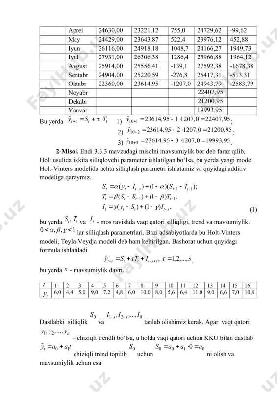 yerda yangi model holt-vinters modelida uchta silliqlash parametri ishlatamiz va quyidagi additiv modeliga qaraymiz. (1) bu yerda va - mos ravishda vaqt qatori silliqligi, trend va mavsumiylik. lar silliqlash parametrlari. bazi adsabiyotlarda bu holt-vinters modeli, teyla-veydja modeli deb ham keltirilgan. bashorat uchun quyidagi formula ishlatiladi . bu yerda - mavsumiylik davri. 1 2 3 4 5 6 7 8 9 10 11 12 13 14 15 16 6,0 4,4 5,0 9,0 7,2 4,8 6,0 10,0 8,0 5,6 6,4 11,0 9,0 6,6 7,0 10,8 dastlabki silliqlik va tanlab olishimiz kerak. agar vaqt qatori – chiziqli trendli bo‘lsa, u holda vaqt qatori uchun kku bilan dastlab chiziqli trend topilib uchun ni olish va mavsumiylik uchun esa ni olish tavsiya qilinadi. r=0,495429, y=5,365+0.228t , silliqlash parametrlari , va bo‘lsin, u holda quyidagi jadvalni to‘ldiramiz. agar bo‘lsa, u holda . yil t bashorat xatolik nisbiy % -3 0,551 - - -2 -1,677 -1 -1,005 …