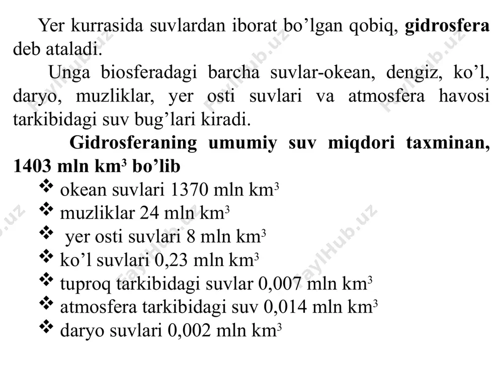 ishiy kommunal zaruriyatlari uchun 150-450 litr suv ishlatadi. ammo bu ko’rsatkich xizmat turiga va yaratilgan shart sharoitlarga bog’likdir. agar suv quvurlari va kanalizatsiya quvurlari mavjud bo’lmasa, unda 30-50 litr suv sarflanadi. agar suv quvurlari va kanalizatsiya quvurlari mavjud bo’lsa, 180-230 litr suv sarflanadi. markaziy isitish tizimida esa, bir kishi uchun sutkasida 275- 400 litr suv sarflanadi. rivojlangan mamlakatlarda bir kishi uchun bir sutkada o’rtacha 500-600 litr suv sarflanadi. ammo rivojlanayotgan mamlakatlarda esa bu ko’rsatkich 2-3 marotaba kichik bo’lib, 200-250 litr suv sarflanadi. maishiy xo’jalik ehtiyojlari uchun bir kishiga bir sutkada shaharlarda 150 litr suv (bir yilda 55m3 suv), qishloq joylarida esa, 50 litr suv (bir yilda 18-20m3 suv) sarflanadi. ҳозирда дунё бўйича 800 дан зиёд шур сувни чучуклаштириш станциялари ишлаб турибди. улардан ҳар суткада 1.7 млн м³ чучук сув ишлаб чиқарилмоқда. бу сувларнинг 90 % ичимлик суви сифатида ишлатилмоқда. 44 hozirgi paytda dunyoda 200 mln gektar yerlarni sug’orish uchun yiliga …