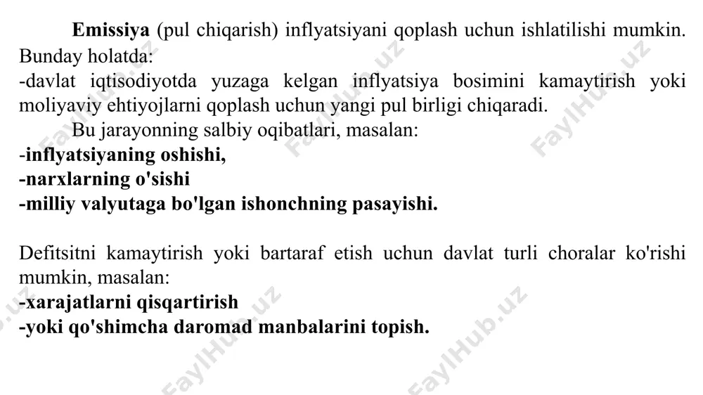 , bir mamlakatda neft narxlari jiddiy oshmoqda. ko'plab sanoat tarmoqlari, masalan, transport va ishlab chiqarish sektori, neftni energiya manbai sifatida ishlatadi. neft narxining oshishi ularning ishlab chiqarish xarajatlarini ko'paytiradi. shuning uchun, bu sektordagi kompaniyalar o'z mahsulotlarining narxlarini oshirishga majbur bo'ladi. xulosa: inflyatsiya taklifi-bu ishlab chiqarish xarajatlarining oshishi yoki resurslarning qimmatlashishi tufayli yuzaga keladi. bu holatda, kompaniyalar yuqori xarajatlarni qoplash uchun narxlarni oshiradilar, natijada umumiy narxlar darajasi ko'tariladi. inflyatsiya turlari: 1-o`rmalovchi inflyastiyada narxlar sekin 10% qadar oshadi, pulning qiymati saqlanadi. bu narxlarning me‘yorda o`sishini bildiradi; 2-yoyo`rg`alovchi inflyatsiyada narxlar yiliga tez 20% dan 200% gacha o`sadi. pul qadrsizlanadi. tuziladigan shartnomalarda inflyatsiya inobatga olinadi. 3-giperiflyasiyada narx 1000% ziyodga o`sadi. giperinflyatsiya moliyaviy inqirozni, depressiya, ijtimoiy va siyosiy beqarorlikni tezlashtiradi. 2024-yilda o'zbekistonda inflyatsiya darajasi 9,8 foizni tashkil etdi. yil davomida oziq-ovqat mahsulotlari narxlari o'rtacha 2,4 foizga oshdi. nooziq-ovqat tovarlari narxi 7,7 foizga, pulli xizmatlar narxi esa 26,7 foizga qimmatlashdi. 2024-yilda kartoshka deyarli 40 foiz, sabzi …