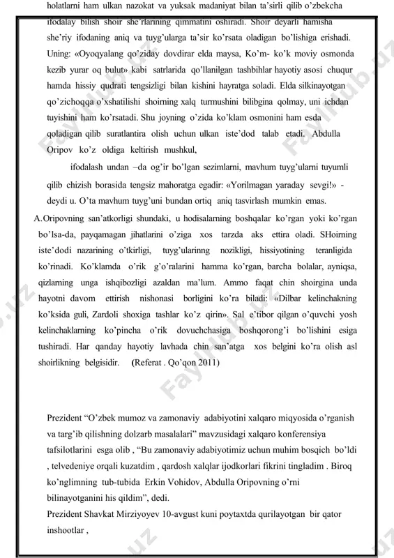 iri undagi obrazlarning teran xalqchil tomirlarga egaligida. eng murakkab holatlarni ham ulkan nazokat va yuksak madaniyat bilan ta’sirli qilib o’zbekcha ifodalay bilish shoir she’rlarining qimmatini oshiradi. shoir deyarli hamisha she’riy ifodaning aniq va tuyg’ularga ta’sir ko’rsata oladigan bo’lishiga erishadi. uning: «oyoqyalang qo’ziday dovdirar elda maysa, ko’m- ko’k moviy osmonda kezib yurar oq bulut» kabi satrlarida qo’llanilgan tashbihlar hayotiy asosi chuqur hamda hissiy qudrati tengsizligi bilan kishini hayratga soladi. elda silkinayotgan qo’zichoqqa o’xshatilishi shoirning xalq turmushini bilibgina qolmay, uni ichdan tuyishini ham ko’rsatadi. shu joyning o’zida ko’klam osmonini ham esda qoladigan qilib suratlantira olish uchun ulkan iste’dod talab etadi. abdulla oripov ko’z oldiga keltirish mushkul, ifodalash undan –da og’ir bo’lgan sezimlarni, mavhum tuyg’ularni tuyumli qilib chizish borasida tengsiz mahoratga egadir: «yorilmagan yaraday sevgi!» - deydi u. o’ta mavhum tuyg’uni bundan ortiq aniq tasvirlash mumkin emas. a. oripovning san’atkorligi shundaki, u hodisalarning boshqalar ko’rgan yoki ko’rgan bo’lsa-da, payqamagan jihatlarini o’ziga xos tarzda …
