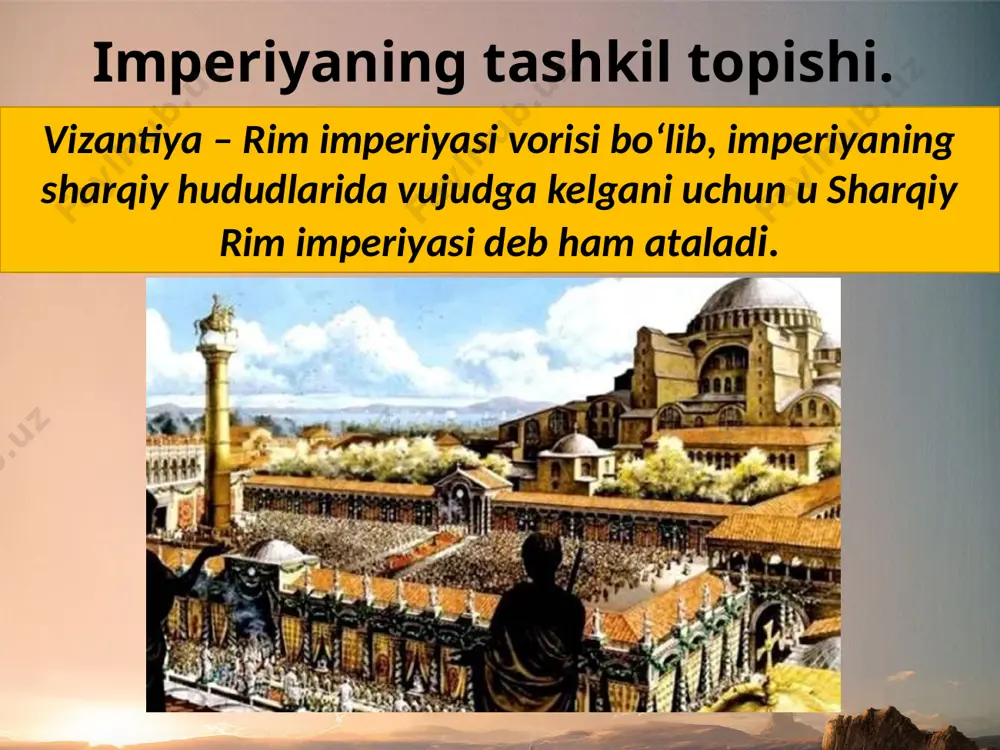 qabilalari kelib o‘rnasha boshladi. slavyan qabilalari vii asrda arab xalifaligi hujumlari natijasida vizantiyaliklar suriya va misrni ham boy beradi. x–xi asrlarda imperatorlar amaldorlar, ibodatxonalar va monastirlarga ko‘plab yer-mulklar in’om etadilar. savol va topshiriqlar 1. vizantiya imperiyasi qanday vujudga kelgan? 2. vizantiyaning qaysi shaharlari yirik savdo va hunarmandchilik markazlari edi? 3.imperator hokimiyati qanday amalga oshiriladi? 4. yustinian i imperatorligi davri haqida hikoya qilib bering. 5.darslikdagi 22, 23-rasmlarga qarab, xayolingizga qanday fikrlar keldi? image1.jpg image2.jpeg image3.jpeg image4.jpeg image5.jpeg image6.jpeg image7.emf image8.jpeg image9.jpeg image10.emf image11.emf image12.jpeg image13.png image14.jpeg