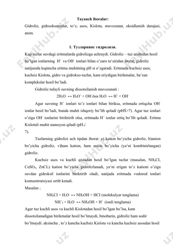, binobarin, gidroliz ham sodir bo’lmaydi. aksincha , to’z kancha kuchsiz kislota va kancha kuchsiz asosdan hosil qilingan bo’lsa, uning gidrolizlanish darajasi shuncha kuchli namoyon bo’ladi. tuzlarni hosil qilgan asos va kislotaning tabiatiga qarab, ularning gidroliz turlari va eritma muhiti 8 – jadvalda berilgan. gidroliz qaytar protsesslar jumlasiga kiradi. xar bir to’zning gidrolizlanishi xar xil bo’lib, uni xarakterlashda gidroliz konstantasi кг va gidroliz darajasi h dan foydalaniladi. gidroliz darajasi gidrolizlangan tuz kontsentratsiyasining (сг) tuzning umumiy kontsentratsiyasi (сум) ga bo’lgan nisbati bilan aniklanadi : cг h = ------ су nh+4 + h2o ↔ nh4oh + h+ uchun gidroliz konstantasi : analitik reaktsiyalarni o’tkazishda kupincha tuzlarning gidrolizi sodir bo’ladi. aksariyat hollarda gidrolizlanish bajarilayotgan analiz protsessiga salbiy ta‘sir ko’rsatadi, shuning uchun gidrolizni vujudga keltirmaslik choralari ko’riladi. masalan, ikkinchi gruppa reagenti bilan cho’ktirishda aralashmada nh4oh bo’lishi kerak, chunki u (nh4)2со3 + нон ↔ nh4нсо3 + nh4oh muvozanatini chapga siljitadi. gidroliz mxsuloti nh4нсо3 ikkinchi gruppa …