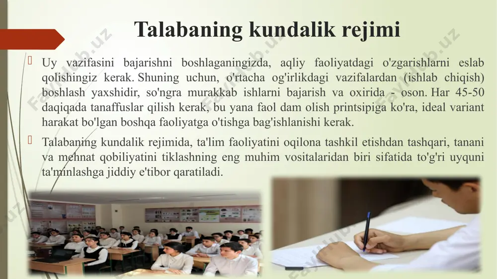 bu odamlarning jinsi, yoshi, mehnat xarakteri va boshqa omillarni hisobga olgan holda fiziologik jihatdan to'liq oziq-ovqat iste'mol qilishidir. oziqlanish quyidagi asoslarga asoslanadi: energiya muvozanatiga erishish; asosiy oziq moddalar - oqsillar, yog'lar, uglevodlar, vitaminlar, minerallar o'rtasidagi to'g'ri nisbatni o'rnatish.tananing suvga bo'lgan ehtiyojini qondirish kerak foydalanilgan adabiyotlar бароян p.o. труд и здоровье. м., 1979. голицына и.и., карасева т.в. основы валеологии. 1996. громова е.л. сон и бодрствование. м., 1969. зайцев г. к. школьная валеология. спб, 1998. кардашенко в.н. (ред.). гигиена детей и подростков. м., 1988. матюшенок м. т. с соавт. физиология и гигиена детей и подростков. минск,1975. медведев в. и. физиологические принципы разработки режимов труда и отдыха. л., 1984. сеченов и.м. рефлексы головного мозга. м., 1961. image1.png image2.png image3.png image4.png image5.jpeg image6.png image7.png image8.png image9.jpeg image10.png image11.jpeg image12.jpeg image13.png image14.jpeg image15.jpeg image16.png image17.png image18.png image19.png image20.png image21.png /docprops/thumbnail.jpeg