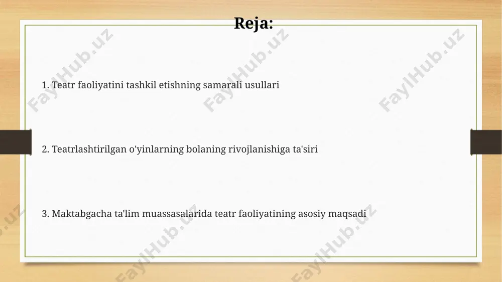 motsional rivojlanishiga ijobiy ta'sir ko'rsatadi. o'z-o'zini ifoda etish va o'ziga ishonchni oshirish rollarda o'ynash orqali bolalar o'zlarining ijtimoiy rollarini sinab ko'rishadi, natijada o'ziga bo'lgan munosabatlarini 30% ga yaxshilaydilar va o'ziga ishonch hosil qiladilar. yosh bolalarning 70% ga yaqini sahnada o'zlarini ifoda etishda dastlab qiyinchiliklarga duch kelishadi, lekin teatr faoliyati ularning o'ziga ishonch hissini 2-3 marta oshirishi mumkin. teatrlashtirilgan o'yinlar orqali bolalar o'z his-tuyg'ularini, fikrlarini 5 dan ortiq turli usulda ifoda etishni o'rganadilar, bu esa o'ziga ishonchni mustahkamlaydi. teatrlashtirilgan o'yinlar orqali nutq rivojlantirish rollarda o'ynash orqali bolalar intonatsiya, ohang, pauza va so'zlarning to'g'ri talaffuzini o'rganadi, bu esa ularning nutqining ifodali bo'lishini ta'minlaydi. teatrlashtirilgan o'yinlar bolalarning leksik zahirasini 20-30% ga oshirishga yordam beradi, yangi so'zlarni o'rganish va ularni amaliy qo'llash ko'nikmalarini rivojlantiradi. 5-7 yoshli bolalarda teatrlashtirilgan o'yinlar vositasida dialogik nutq, monologik nutq va hikoya qilish ko'nikmalari samarali rivojlanadi, grammatik tuzilmalarni o'zlashtirishga yordam beradi. badiiy-estetik tarbiya va ijodkorlikni rivojlantirish har bir spektaklni tayyorlash …