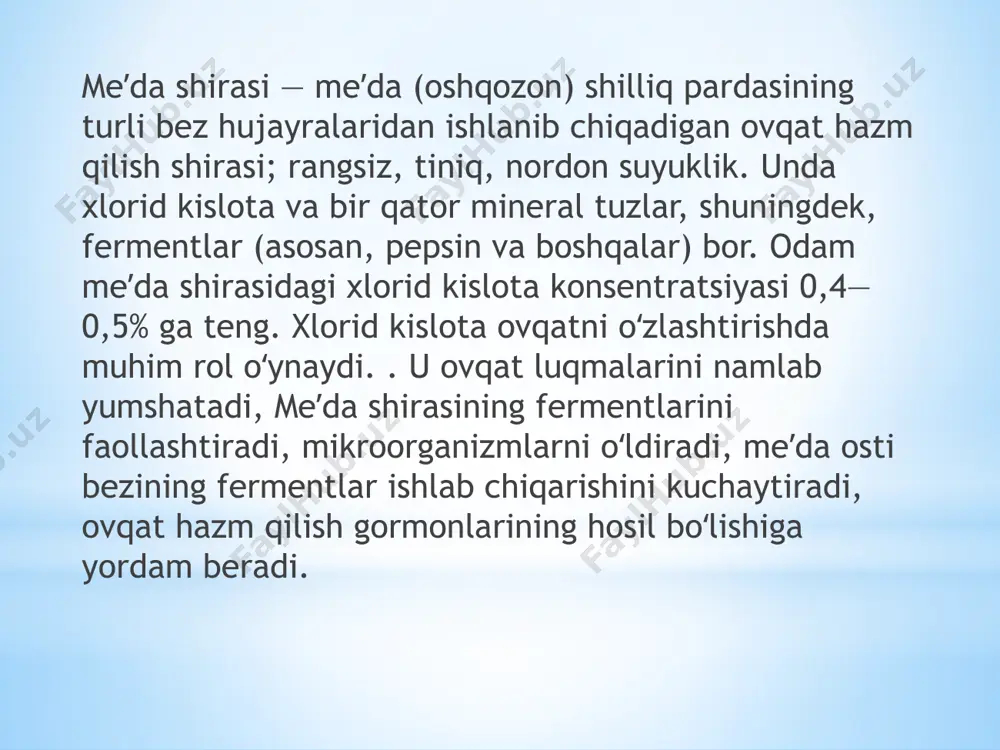 ka ichakka o’tadi, u oziq moddalarni fermentativ qayta ishlash jarayonini ta’minlaydi, modda almashinuviga jalb qilinib, ingichka ichak devorlari orqali ozuqa moddalari so’rilishini osonlashtiradi. pankreatik suyuqlik me’da shirasining kislotali muhitini ichakda neytrallashtiradi, bu yerda hazm qilish fermentlari faollashadi va moddalarni parchalanish va ishlov berish funktsiyalarini bajarishni boshlaydi. pankreatit kasalligi rivojlanishi sabablari — hazm qiluvchi (pankreatik) shiraning me’da osti bezidan o’n ikki barmoqli ichakka quyilishining buzilishlari sanaladi. chiqish yo’llarining qisman yoki to’liq to’silib qolishi sababli shiraning bez ichida qolib ketishida, shuningdek, ichak tarkibining shira yo’llariga otilishida, fermentlar muddatidan oldin faollashadi va yaqin atrofdagi to’qimalarni hazm qila boshlaydi. oshqozon osti bezi yallig’lanishida shira va fermnetlarning ushlanib qolishi birinchi navbatda bezning to’qimalariga ta’sir o’tkazadi, ammo, uzoq muddat ta’sir etganda to’planib qolgan shira va fermentlarning salbiy ta’siri shuningdek atrofdagi to’qimalar, a’zolar va qon tomirlarga ham tarqaladi. kasallikning rivojlanishi oshqozonning asosiy funksiyalariga salbiy taʼsir koʻrsatadi. birinchi navbatda sekretor funksiyasining buzilishiga olib keladi. statistiklarning fikriga koʻra butun …