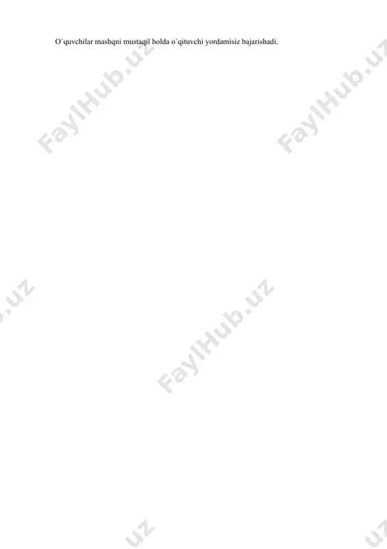 bosqichi: - o`tgan o`quv materialini takrorlash; - dars maqsadini tushuntirish, - dars mazmuni va rejasi bilan tanishtirish. 2. yangi mavzuni yoritish: - yangi mavzuni kichik – kichik bo`lakchalarga bo`lib berish; - turli misollarni inkoni boricha ko`rgazmali taqdim qilish; - mavzudan chetlashmaslik; - o`quv materialining murakkab tomonlarini qayta tushuntirish; - o`quvchilarning tushunganlik darajasini tekshirib borish; - teskari aloqani ta`minlash. 3. materialni mustahkamlash uchun mashq. biror topshiriq(masala) echimini o`quvchilar bilan to`liq tahlil qilish. 4. yo`naltirib turiluvchi mashq. o`quvchilar topshiriq(masala)ni mustaqil bajarishadi, o`qituvchi esa ularni nazorat qilib, tuzatish kiritib boradi. 5. mustaqil bajariladigan mashq. o`quvchilar mashqni mustaqil holda o`qituvchi yordamisiz bajarishadi. 7. yakunlash. an`anaviy(ta`lim jarayoni markazida o`qituvchi bo`lgan) o`qitish metodlari quyidagi afzalliklarga va kamchiliklarga ega. afzalliklari: - ma`lum ko`nikmalarga ega bo`lgan va aniq ma`lam tushunchalarni, fanni o`rganishda foydali; - o`qituvchi tomonidan o`qitish jarayonini va o`qitish muhitini yuqori darajada nazorat qilinishi; - vaqtdan unumli foydalanish; - aniq ilmiy bilimlarga tayanadi. kamchiliklari: - o`quvchilar passiy …