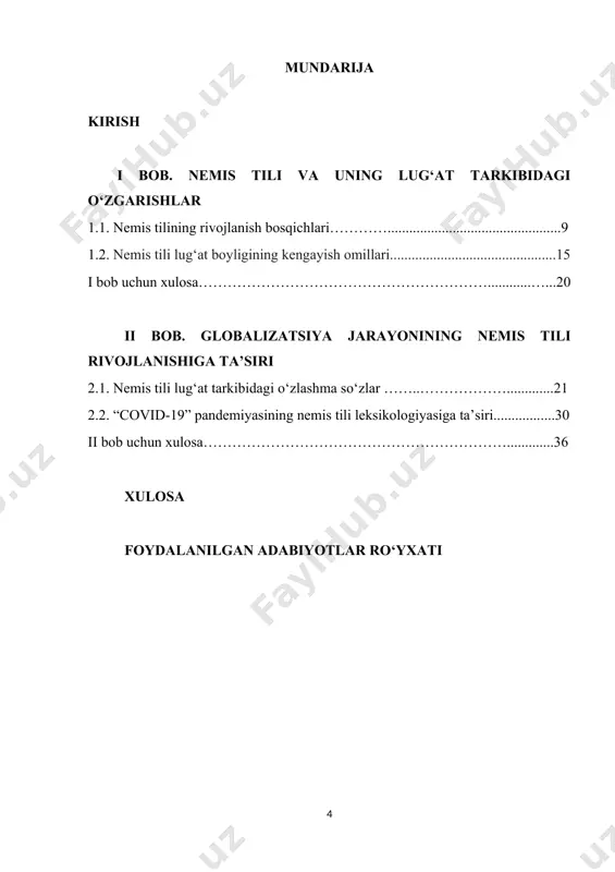 ni yanada takomillashtirish chora-tadbirlari to‘g‘risida”gi qarori mavjud muammolarni bartaraf qilish yo‘lidagi navbatdagi qadam bo‘lib xizmat qilmoqda.[footnoteref:2] yuqorida keltirib o‘tilganidek bugungi kunda barcha turdagi pedagoglardan zamonaviy bilimlarni egallash muhim ahamiyat kasb etmoqda. [2: sh.m. mirziyoyev. tanqidiy tahlil, qat’iy tartib-intizom va shaxsiy javobgarlik-har bir rahbar faoliyatining kundalik qoidasi bo‘lishi kerak. o‘zbekiston respublikasi vazirlar mahkamasining 2016-yil yakunlari va 2017. istiqbollariga bag‘ishlangan majlisdagi o‘zbekiston respublikasi prezidentining nutqi. – t.: o‘zbekiston, 20017. – 104-b] mavzuning dolzarbligi. har qanday milliy tilning lug‘at tarkibi, uning jami so‘z boyligi mazkur millatning butun tarixiy taraqqiyoti davomida shakllangan hodisadir. u doimo harakatda va o‘sishda bo‘ladi. tilning rivojlanishi asosan ikki omilga, uning ichki va tashqi o‘sish manbalaridan qanday foydalanilishiga bog‘liq bo‘ladi.[footnoteref:3] [3: karimov. i. a. barkamol avlod o’zbekiston taraqqiyotining poydevori. toshkent:. sharq, 1998. 62-bet ] mazkur ishda asosan tashqi manbalar ta’sirida yuz bergan nemis tilidagi miqdor va sifat o‘zgarishlarni o‘rganishga harakat qilindi. unda globalizatsiya ta’sirida boshqa tildan nemis tiliga kirib kelgan …