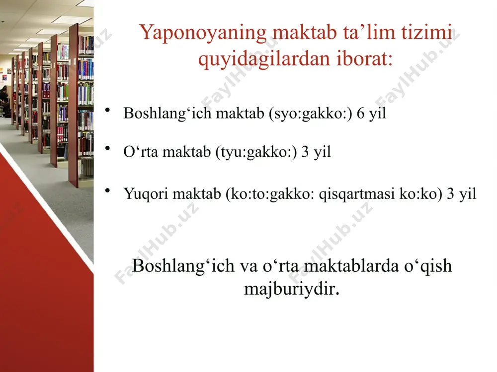 tugaydi. shu bilan birga, o‘qituvchilar ko‘pincha dam olish kunlari ham ishlashlari kerak. yaponiya maktablarida o‘qituvchilarning maoshi o‘rtacha maoshdan ancha yuqori. ammo o‘qituvchilarning ishi ko‘p bo‘lgani bois, o‘qituvchilik kasbini tanlagan yoshlar kamaymoqda. bu yapon ta’limining asosiy muammolaridan biriga aylandi. yaponiyada maktab direktori va o‘qituvchilari har uch yilda bitta maktabdan boshqa maktabga ko‘chiriladi. kimni va qaysi maktabga yuborishni ma’lum bir prefekturaning (viloyat) ta’lim boshqarmasi hal qiladi. o‘qituvchilarning mehnat ta’tillari atiga 10 ish kuni davom etadi. kunning ikkinchi qismida barcha o‘qituvchilar turli to‘garaklar olib boradilar. bundan tashqari, o‘qituvchilar tomonidan maktab o‘quvchilari uchun yaponiyaning qadimiy shaharlari va ibodatxonalariga sayohatlar, ekskursiyalar tashkil etiladi. bunday ekskursiyalar 3-4 kungacha davom etishi mumkin. yaponiya maktablarida o‘qituvchilar malaka toifasiga ega emaslar. o‘qituvchilarning ish haqi ish stajiga qarab oshiriladi. yapon maktablarining boshqa xususiyatlari. 1. yapon maktablarida jismoniy tarbiyaga katta e’tibor beriladi. har bir maktabning foyesida vitrina mavjud bo‘lib, unda maktab o‘quvchilarining sportdagi yutuqlarini tasdiqlovchi kuboklar joylashtirilgan. har bir maktabda ajoyib …