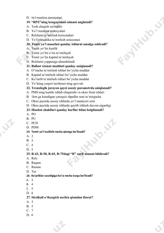 qabulqilishjo’natishyo’lida c. tupiklarda d. shaxobcha yo’llarda 30. yo’lning egri uchastkalarida relsning bir izi ikkinchisidan necha mm yuqori bo’lishi mumkin: a. 150 b. 100 c. 80 d. 90 31. ikki stansiya oralig’i nima deyiladi? a. peregon b. pereyezd c. svetofor d. razyezd 32. r-65 relsining bo’yin (sheyka) qismi eni necha mm bo’ladi? a. 18 b. 22 c. 20 d. 16 33. r-65 rels qayerda ishlatiladi? a. asosiy yo’llarda b. tramvay yo’lda c. hozirda ishlatilmaydi d. keltiruvchi (podyezdnoy) yo’llarda 34. stik nima? a. ikki rels ulangan joy b. shpal bilan rels ulangan joy c. relsning ustki qismi d. relsning nosozligi 35. gabarit bu …….. ? a. chegara chiziq b. ko’prikning bir turi c. klyuchning bir turi d. rels orasidagi masofa 36. kostil nima? a. yog’och shpalni relsga qotiruvchi moslama b. shpalni relsdan ajratib oluvchi kluch c. shpalning bir turi d. relsni rels bilan tutashtiruvchi moslama 37. temir yo’lda bir km uzunlikda nechta …
