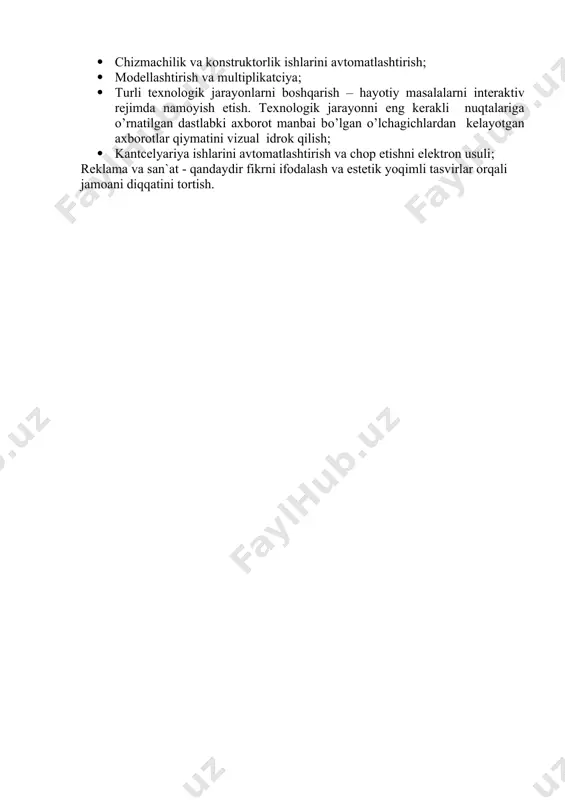 phies, freelanceplus, hollywood, microsoft power point for windows va xokazo. animatcion grafika quyidagi masalalarni hal etadi: · karkasli 3d ob`ektini modellashtiradi va konstruktciyalaydi, uni murakkablashtirilgan holda har xil sharoitda ishlatib ko’radi; · yaratilgan karkasli ob`ektning yuzasini qoplash uchun kutubxonadan tayyor materialni olish yoki uni o’zi yaratish (teksturani) imkoniyatini tug’diradi; · ilgari yaratilgan modellarni fazoda joylashtirish, boshqacha aytgan-da, yaratilgan ob`ektlar uchun sahna, ish joyini hosil qilish; · ob`ektlarni matnlar bilan bog’lab chiqish; · yoritish xarakterini aniqlash, yorug’lik manbalarini joy-joyiga qo’yish, kamerani sahnaga joylashtirish; · kadrlar ketma-ketligini aniqlash va kadrdan kadrga siljishini ta`minlash; · yakka kadrni yoki bir necha kadrlarning ranglar jilosini, yorug’ligini, soyalarini, qarash burchagini, ob`ektlarning o’zaro joylashishini va kadrdan kadrga o’zgarishi – renderingi (rendering)ni nazarda tutgan holda namoyish etish; · yakka tasvirni yoki olingan kadrlar ketma-ketligini ekranga film sifatida namoyish etish. 3d animatcion grafikasi amaliy dastur paketlaridan tashqari (3d studio topas va boshqalar) 2d amaliy dastur paketlari ham mavjud (flash …