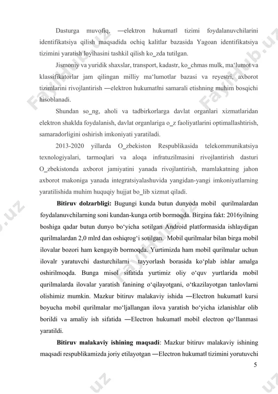 kirish qismida bitiruv malakaviy ishi mavzusining dolzarbligi, ishning maqsad va vazifalari, amaliy ahamiyati, tadqiqot predmeti keltirilgan. i-bobda mobil qurilmalarni va ularni dasturiy ta‘minotini tahlil hamda android platformasining arxitekturasi va electron qo‘llanmalarni yaratishga mo‘ljallangan mobil dasturlar va ularni imkoniyatlari shrhi keltirilgan. ii-bobda ―electron hukumat‖ oquv qollanmasini loyihalash va mobil ilovasini yaratish. uzbekistonda ―electron hukumat‖ haqida android app book maker dasturini ornatish. electron qo‘llanmani yaratish va android platformasiga moslashtirish. i bob. mobil qurilmalarning dasturiy ta’minotini va arhitekturasi tahlili. 1.1 android va ios operatsion tizimlarinig qiyosiy tahlili so‘nggi bir necha yillardan beri, mobil divayslar sanoati shunchalik ulkanlashib ketdiki, internetdan umumiy foydalanish va faollik bo‘yicha hattoki kompyuterlar bozorini ham egallab bormoqda. bu albatta mobil vositalardagi ustunlik, hamda ma‘lumotlar tarmog‘i bo‘yicha muntazam aloqa tezligi sababidandir. mobil qurilmalar – planshet, smartfonlar uchun maxsus ishlab chiqilgan operatsion tizimlar ham mavjud. xuddi kompyuterlar o‘tmishidagi singari, mobil operatsion tizimlari (o.t.) ishlab chiqaruvchilari orasida ham yakka liderlik uchun kurash boshlanib …