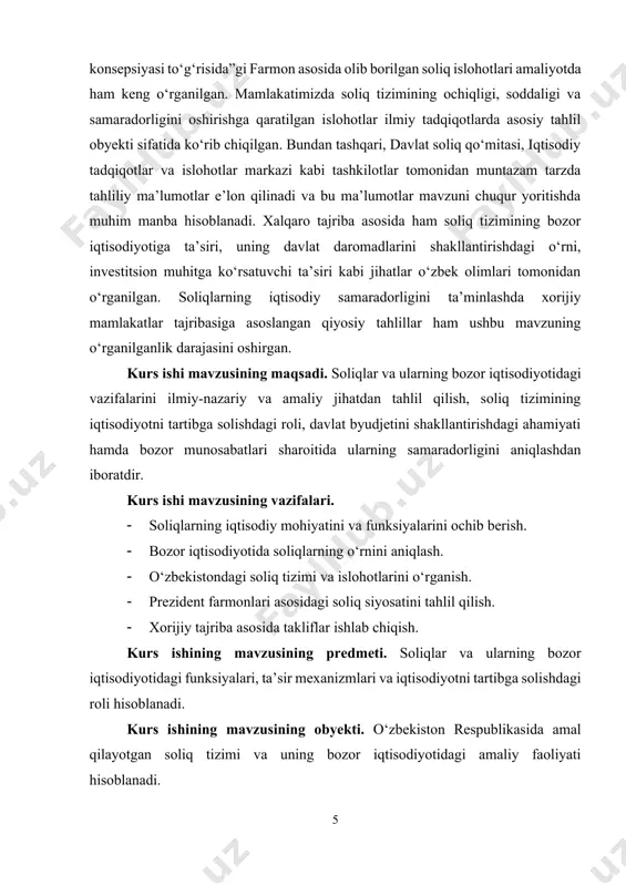 sh, ta’lim, sog‘liqni saqlash, xavfsizlik kabi sohalarni moliyalashtirishda muhim ahamiyatga ega. soliqlar davlat iqtisodiyotining ajralmas qismi bo‘lib, ular jismoniy va yuridik shaxslardan davlat tomonidan qonun asosida majburiy tarzda undiriladigan moliyaviy to‘lovlardir. soliqlar orqali davlat o‘z moliyaviy resurslarini shakllantiradi, bu resurslar esa mamlakat iqtisodiyoti va ijtimoiy sohalarini rivojlantirishga yo‘naltiriladi. soliqlarning birinchi va eng muhim xususiyati – bu majburiylikdir. har bir soliq to‘lovchi belgilangan qonuniy tartibda soliqlarni to‘lashga majburdir. soliqlarni to‘lashdan bo‘yin tovlash yoki kechiktirish huquqiy javobgarlikka olib keladi, chunki davlatning moliyaviy barqarorligi va ijtimoiy xizmatlarni ko‘rsatish imkoniyati aynan soliqlardan keladigan mablag‘larga bog‘liq. soliqlarning ikkinchi asosiy xususiyati – bu qaytmaslikdir. soliqlar davlatga o‘tib, bevosita soliq to‘lovchiga qaytarilmaydi, ya’ni ular evaziga soliq to‘lovchiga maxsus xizmat ko‘rsatilmaydi. boshqacha qilib aytganda, soliq summasi davlat byudjetiga kiradi va butun jamiyat ehtiyojlari uchun sarflanadi. ushbu mablag‘lar orqali davlat maktablar, shifoxonalar, yo‘llar va boshqa ijtimoiy infratuzilmalarni rivojlantiradi. shu tariqa, soliq to‘lovchi o‘z hissasini umumiy jamiyat rivojiga qo‘shadi. bu …