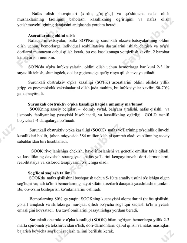larning oldini olish nafaqat infektsiyalar, balki so'pkning surunkali eksaserbatsiyalarining oldini olish uchun, bemorlarga individual reabilitatsiya dasturlarini ishlab chiqish va to'g'ri dorilarni muntazam qabul qilish kerak, bu esa kasalxonaga yotqizilish xavfini 2 barobar kamaytirishi mumkin. so'pkda o'pka infektsiyalarini oldini olish uchun bemorlarga har kuni 2-3 litr suyuqlik ichish, shuningdek, qo'llar gigienasiga qat'iy rioya qilish tavsiya etiladi. surunkali obstruksiv o'pka kasalligi (so'pk) asoratlarini oldini olishda yillik gripp va pnevmokokk vaktsinalarini olish juda muhim, bu infektsiyalar xavfini 50-70% ga kamaytiradi. surunkali obstruktiv o'pka kasalligi haqida umumiy ma'lumot sookning asosiy belgilari – doimiy yo'tal, balg'am ajralishi, nafas qisishi, va jismoniy faoliyatning pasayishi hisoblanadi, va kasallikning og'irligi gold tasnifi bo'yicha 1-4 darajalarga bo'linadi. surunkali obstruktiv o'pka kasalligi (sook) nafas yo'llarining to'sqinlik qiluvchi kasalliklari bo'lib, jahon miqyosida 384 million kishini qamrab oladi va o'limning asosiy sabablaridan biri hisoblanadi. sook rivojlanishiga chekish, havo ifloslanishi va genetik omillar ta'sir qiladi, va kasallikning davolash strategiyasi nafas yo'llarini kengaytiruvchi dori-darmonlarni, …