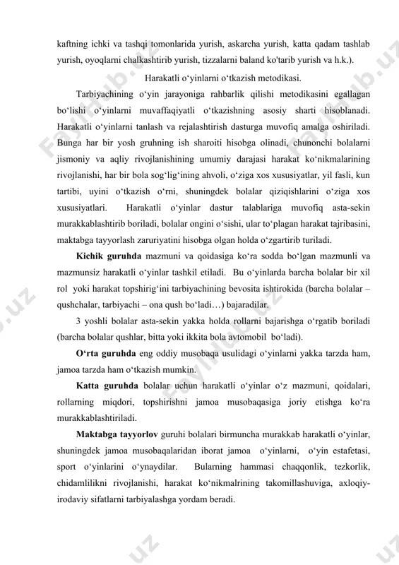 ‘rgatib boriladi (barcha bolalar qushlar, bitta yoki ikkita bola avtomobil bo‘ladi). o‘rta guruhda eng oddiy musobaqa usulidagi o‘yinlarni yakka tarzda ham, jamoa tarzda ham o‘tkazish mumkin. katta guruhda bolalar uchun harakatli o‘yinlar o‘z mazmuni, qoidalari, rollarning miqdori, topshirishni jamoa musobaqasiga joriy etishga ko‘ra murakkablashtiriladi. maktabga tayyorlov guruhi bolalari birmuncha murakkab harakatli o‘yinlar, shuningdek jamoa musobaqalaridan iborat jamoa o‘yinlarni, o‘yin estafetasi, sport o‘yinlarini o‘ynaydilar. bularning hammasi chaqqonlik, tezkorlik, chidamlilikni rivojlanishi, harakat ko‘nikmalrining takomillashuviga, axloqiy-irodaviy sifatlarni tarbiyalashga yordam beradi. bolalarni yangi o‘yin bilan tanishtirish.uning mazmuni va qoidalarini tushuntirishi tarbiyachidan puxta tayyorgarligini talab etadi. ayrim o‘yinlarning mazmuni oldindan bo‘ladigan suhbatlar asosida bolalarni bilimlarini oydinlashtirish mumkin. ularning tasavvurlari aniqlashadi, o‘yin obrazlarga nisbatan munosabat tarkib topadi, asosiy xayol o‘sadi. o‘yinlarni tushuntirish ularning turlariga ko‘ra har-xil o‘tishi mumkin, biroq bu tadbir doimo emotsional jihatdan qizig‘arli, bolalarni quvnoq o‘yin faoliyatiga tayyorlaydigan, o‘yinni tezroq boshlash istagina tug‘diradigan va o‘yin topshiriqlarini ishtiyoq bilan bajarishga undaydigan bo‘lishi kerak. mazmunsiz o‘yinni …