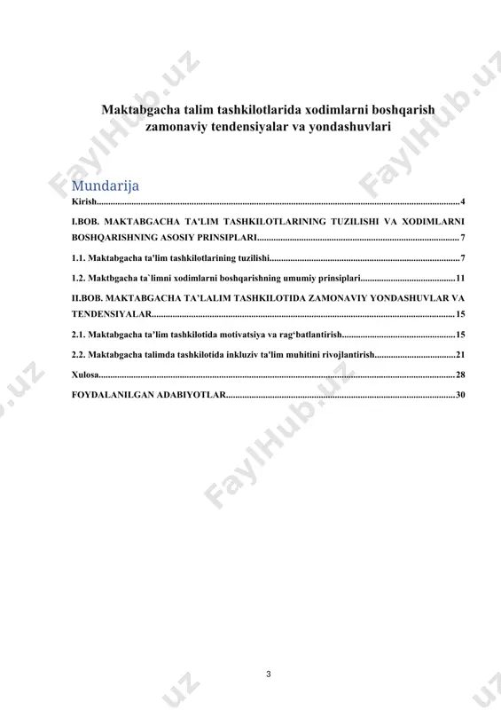samarali maktabgacha ta’lim tizimini tashkil qilish bo’yicha kompleks tashkiliy- huquqiy chora-tadbirlar amalga oshirildi. maktabgacha ta’limni boshqarishning zamonaviy mexanizmlarini joriy etish, tarbiya va o’quv jarayonini takomillashtirish, maktabgacha ta’lim tashkilotlarini yuqori malakali mutaxasisslar bilan to’ldirish, ularning infratuzilmasi va moddiy-texnik jihozlanishini yaxshilash maqsadida qator vazifalar amalga oshirilmoqda. o‘zbekiston respublikasining buyuk davlatga aylanishida ta’lim - tarbiya ishlarini oqilona yo‘lga qo‘yish, yoshlarni zamonaviy ilm - fan, madaniyat, texnika yutuqlari bilan muntazam ravishda tanishtirib borish muhim ilmiy – amaliy ahamiyat kasb etadi. o‘zbekiston taraqqiyotini ma’naviy jihatdan yetuk, zamonaviy bilimlarga ega, irodasi baquvvat, teran fikrlaydigan, yuksak salohiyatli kadrlar hal etadi. xodimlar har qanday tashkilotning muhim vazifaviy tizimchasi hisoblanib, innovatsion rivojlanishning qimmatli resurslaridan iborat. strategik va operativ vazifalarga ega bo‘lgan holda, inson omili ishlab chiqarishni axborotlashtirishni intellektuallashtirishda markaziy o‘rinnni egallaydi. so‘nggi paytlarga qadar “xodimlarni boshqarish” tushunchasi boshqaruv amaliyotida umuman bo‘lmagan. har bir tashkilot xodimlarni boshqarishning vazifaviy tizimiga ega bo‘lishiga qaramay, bu boshqaruv bo‘linma rahbarining huquq doirasiga kirgan. tashkilotda …
