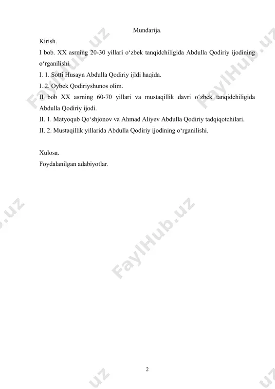 olib kirish nafaqat badiiy asarning о‘zini, balki uning muallifini, aniq bir inson qalbini, dardu dunyosini his etishga ham ahamiyatlidir. ayni masalalarni mantiqiy, izchil va asosli ravishda qodiriyshunoslik misolida yoritish, о‘zbek adabiyotshunosligining umumiy va xususiy holatini tasavvur etishda yordam beradi. bir tomondan, qodiriyshunoslik tarixining umumiy manzarasi kо‘zga tashlansa, ikkinchidan, talqindagi xilma-xillik negizi, badiiy talqin va ilmiy talqin muvozanati, badiiy asarni tushunish va tushuntirish, ilmiy talqin va unga boshqa omillarning ta’siri oydinlashadi. bitiruv malakaviy ishining maqsad va vazifalari. bitiruv malakaviy ishimizning asosiy maqsadi о‘zbek tanqidchiligi tarixida abdulla qodiriyning hayoti va ijodiga, asarlariga tegishli ma’lumotlar turlicha talqin qilinganligi, о‘tgan davrda abdulla qodiriyning badiiy olami, adabiy-estetik qarashlari orasidagi munosabatlarni, qolaversa, bu munosabat istiqlol yillarida qanday tarzda о‘z aksini topganligi, eng muhimi bu munosabatlar о‘zbek munaqiqidlari tomonidan qanchalik haqqoniy yoritilganligini ochib berishdir. о‘zbek romansiligi asoschilaridan biri abdulla qodiriy asarlarining о‘rganilishida juda kо‘plab ilmiy tadqiqot ishlari olib borildi. xususan, adib ijodida, bir nechta kitoblar, yuzlab adabiy …