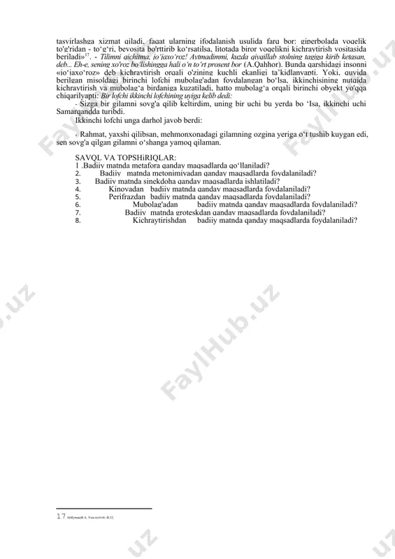 i ham g'ayri tabiiy tarzda ifodalanadi: qabul qiladigan kasallar: kindigiga bod to'xtagan, ko'kragi shishgan, tug'maydigan xotinlar, ishq dardiga mubtalo bo'lgan laylilar, majnunlar, parilar, yuk tashlagan kelinlar. ayniqsa, xazonrezgi, toshqizig'i vaqtida qaytalanadigan jinni hamda arvoh urganlar va boshqalar... dorilardan namunalar: qo'ziqorinning bargi, havoning yog'i so'ngra mo'rining qurumi, chi limning suvi, aravaning g'ij-g'iji va bundan bo'lak turli-tuman attorning qutisida yo'q dori-darmonlar. [15: toraeb o. riys/imumotmka xahpjiapm.-towkeht^mtyb™, 1976.-e.155.] jinnilarni tuzatish borasidagi ikki so'nggi tajribamiz qo'qonning mirtohir mahallasidagi dong'li bir jinni ustida bo'ladi. tashreh uchun sakkizta belkurak, yettita ketmon buyuriladi. dori uchun eng munosib hamroqulov qorining ashula aytganda chiqargan teri lozim ko 'riladi[footnoteref:16]. [16: a.^a^xpp. acap/iap. 5 4->km/ifl.-toiukeht:f.fy/iom homtiflara afla6net ba cahtat hatiipweth, 1988.~b.255.] kichraytirish (litota) deganda mubolag'aning aksi tushuniladi. «lekin mohiyat e’tibori bilan ular qarama-qarshi hodisalar emas, har ikkisi ham voqelikni haddan tashqari kuchaytirib tasvirlashga xizmat qiladi, faqat ularning ifodalanish usulida farq bor: giperbolada voqelik to'g'ridan - to‘g‘ri, bevosita bo'rttirib ko‘rsatilsa, litotada biror …