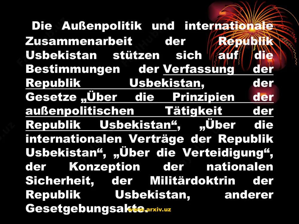 engagements bringt usbekistan immer wieder wichtige vorschläge und anregungen zu aktuellen fragen der weltpolitik und der zwischenstaatlichen beziehungen ein. zu den initiativen usbekistans zählen u.a. die einrichtung der atomwaffenfreien zone in zentralasien, eine reihe von initiativen zur lösung des afghanistan-problems, die der bildung der gruppe „nachbarn und freunde“ afghanistans (die „6+2“-gruppe) 1997 unter der schirmherrschaft der uno zugrunde lagen, die gründung eines un-zentrums für die bekämpfung des internationalen terrorismus und viele andere. www.arxiv.uz www.arxiv.uz usbekistan wird immer öfter als tagungsort für große internationale foren, symposien und seminare gewählt. so wurden in den jahren der unabhängigkeit u.a. ein internationales seminar der uno zum thema sicherheit und zusammenarbeit in zentralasien, ein osze-symposium zum thema „zentralasien: umfassende sicherheit im rahmen der osze und die regionalen herausforderungen“, eine internationale konferenz „zentralasien – ein gebiet frei von atomwaffen“, ein unesco-kongreß über den dialog zwischen religionen und die kultur des friedens sowie eine internationale konferenz unter …