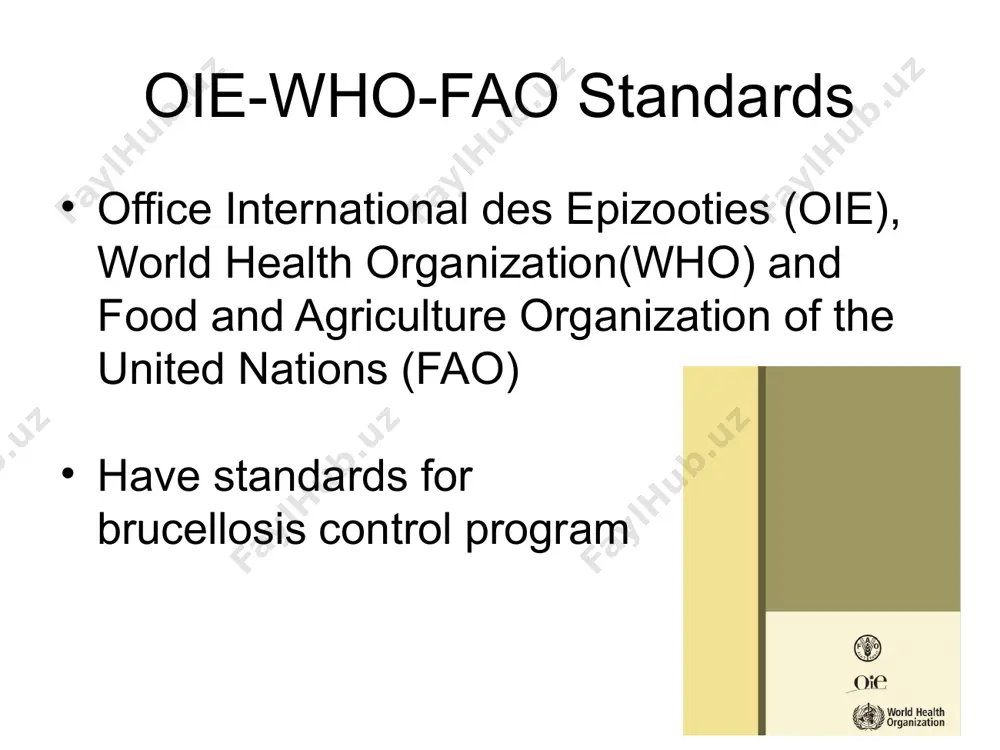 nd reporting, to support trade and to protect human and animal health. 3 oie-who-fao standards goals of program: the reduction of exposure to brucella spp. reduce the impact of the disease on human health. to increase animal population resistance to infection total elimination is not the objective--some “acceptable level” of infection will remain in the population implicit that program will have an indefinite duration 4 safeguarding animal health the aim of an animal control programme is to reduce the impact of a disease on human health and the economic consequences. the elimination of the disease from the population is not the objective of a control programme, and it is implicit that some “acceptable level” of infection will remain in the population. control programmes have an indefinite duration and will need to be maintained even after the “acceptable level” of infection has been reached, so that the disease does not re-emerge. …