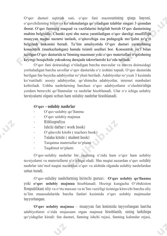 tiyalari qaysi tamoyillarga ko‘ra tuzilgani, materiallar kanday asoslarda tanlangani va joylashtirilganiga ko‘ra umumlashtiruvchi, yo‘nalishli va tizimli singari turlarga ajratiladi. uslubiy nashrlar - talabalar uchun uslubiy qo‘llanma - o‘qituvchilar uchun uslubiy qo‘llanma - o‘quv dasturi - boshqa nashrlar talabalar uslubiy qo‘llanma – talabalar uchun mo‘ljallangan bo‘lib, talabalarning o‘qish jarayoni. o‘quv jarayonida talabalar tomonidan bajariladigan turli xil ishlar, kurs ishi, bitiruv malakaviy ishini yozish, magistrlik disertatsiyasini bajarish uchun turi uslubiy tavsiyalarni o‘z ichiga oladi. o‘qituvchilar uchun uslubiy qo‘llanma – o‘qituvchilar tomonidan bajariladigan barcha o‘quv uslubiy va ilmiy ishlarni bajarishda beriladigan uslubiy tavsiyalar hisoblanadi. ma’ruza va amaliy yoki seminar darslarini tashkil etish bo‘yicha uslubiy qo‘llanmalar. mustaqil darslarni tashkil etish bo‘yicha uslubiy qo‘llanmalar. taqdimotlar va loyixalarni bajarish va ularni qabul qilish bo‘yicha uslubiy qo‘llanmalarni o‘z ichiga oladi. o‘quv dasturi – fanning asosiy hujjati, birlamchi hujjat hisoblanadi. fan doirasi beriladigan barcha bilim, ko‘nikmalar va kvalifikatsiyalar qanday bo‘lishi kerakligi ushbu o‘quv dasturida yoritilib beriladi. o‘quv dasturi …