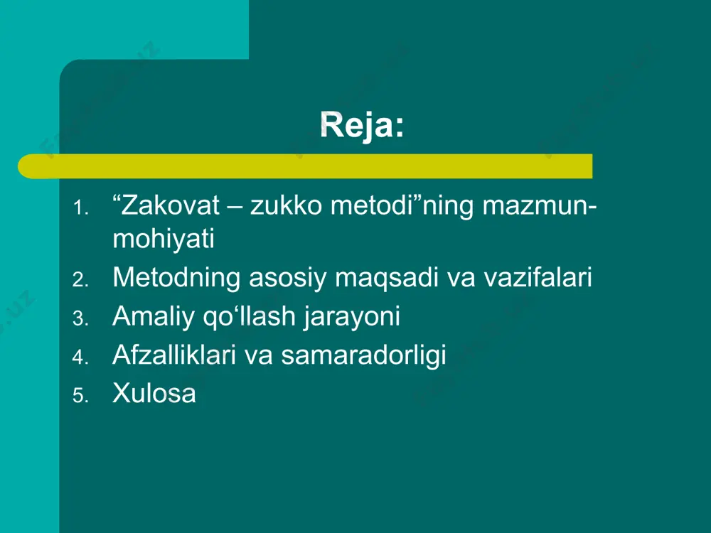 rs so‘ngida eng ko‘p ball to‘plagan jamoa “eng zukko guruh” deb e’lon qilinadi. amaliyotda bu usulni turli fanlarda qo‘llash mumkin. masalan, adabiyot fanida asarlardan qahramonlarga oid savollar, tarix fanida muhim voqealar, geografiyada esa xarita bo‘yicha savollar berilishi mumkin. muhimi, savollar o‘quvchilarda qiziqish uyg‘otadigan va ularni tezkor fikrlashga majbur qiladigan darajada bo‘lishi lozim. afzalliklari va samaradorligi mazkur metodning afzalligi shundaki, u o‘quvchilarni darsga qiziqtiradi, ularni zeriktirib qo‘ymaydi. dars jarayonida vaqtni samarali tashkil etish, bilimlarni mustahkamlash va jamoaviy raqobat orqali natijaga erishish imkonini beradi. o‘quvchilar bir-biri bilan hamkorlik qilgan holda muloqot qila oladilar, bu esa ularning ijtimoiylashuvini ta’minlaydi. shu bilan birga, tezkor savol-javoblar orqali o‘quvchilar o‘zlarining bilim darajasini baholaydilar. tajribalar shuni ko‘rsatadiki, “zakovat – zukko metodi” qo‘llangan darslarda o‘quvchilarning faolligi, qiziqishi va yodda saqlash darajasi sezilarli darajada oshadi. xulosa xulosa qilib aytganda, “zakovat – zukko metodi” ta’lim jarayonida samarali va qiziqarli natija beruvchi metodlardan biridir. u nafaqat o‘quvchilarning bilimini oshiradi, balki ularda …