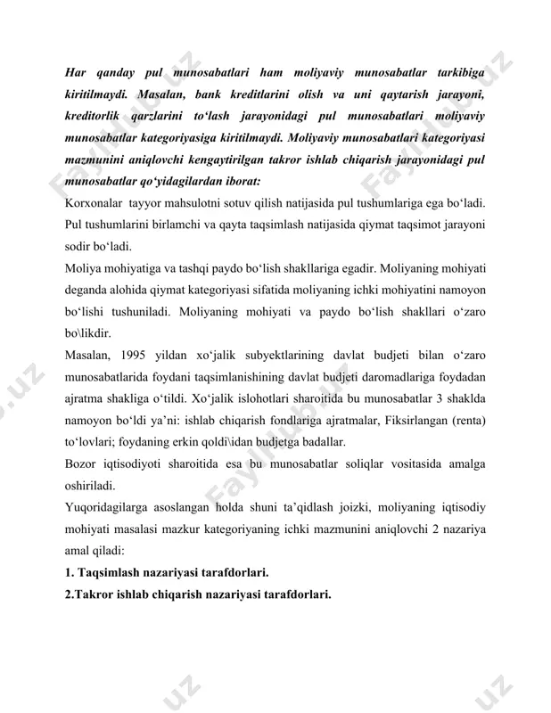 udligini e’tirof etadi: 1. xo‘jalik yuritish jarayonini pul mabla\lari bilan ta’minlash; 2. nazorat 3. taqsimlash. 1. a.m. aleksandrov va e.a. voznesenskiy tasdiqlaydiki moliya quyidagi funksiyalarni bajaradi: 2. pul fondlarini shakllantirish. 3. shakllantirilgan pul fondlaridan foydalanish 4. nazorat. i.t. balabanovning fikriga ko‘ra bozor iqtisodiyoti sharoitida moliyaning taqsimlash funksiyasi o‘zining mazmunini yukotadi. iqtisodchi v.m. rodionovaning fikriga ko‘ra moliya taqsimlash va nazorat funksiyalarni bajaradi. hozirgi sharoitda o‘zbekistonlik iqtisodchi olimlar moliyaning taqsimlash va nazorat qilish funksiyalarini bajarishini e’tirof etishadi. iqtisodiy subyektlarning asosiy manfati foyda olish hisoblanadi. foyda markazlashtirilmagan pul fondlarining asosiy moliyaviy manbai hisoblanadi. bozor iqtisodiyoti sharoitida mulkchilikning ko‘p ukladli shakllarini paydo bo‘lishi va bozor iqtisodiyotining amal qilishi to‘liq iqtisodiy mustaqillikni ta’minlovchi demokratik tizimni shakllantirishni obyektiv zarur qilib kuyadi. bunday sharoitda iqtisodiy subyektlar faoliyatining moliyaviy natijalari ya’ni tadbirkorlik foydasini taqsimlash ular tomonidan qabul qilinadigan moliyaviy qarorlarga bo\liqdir. savol tu\iladi. turli darajadagi ko‘p sonli fondlarni shakllantirishning asosiy moliyaviy manbalari nima hisoblanadi. albatta bunda makrodarajada yalpi …