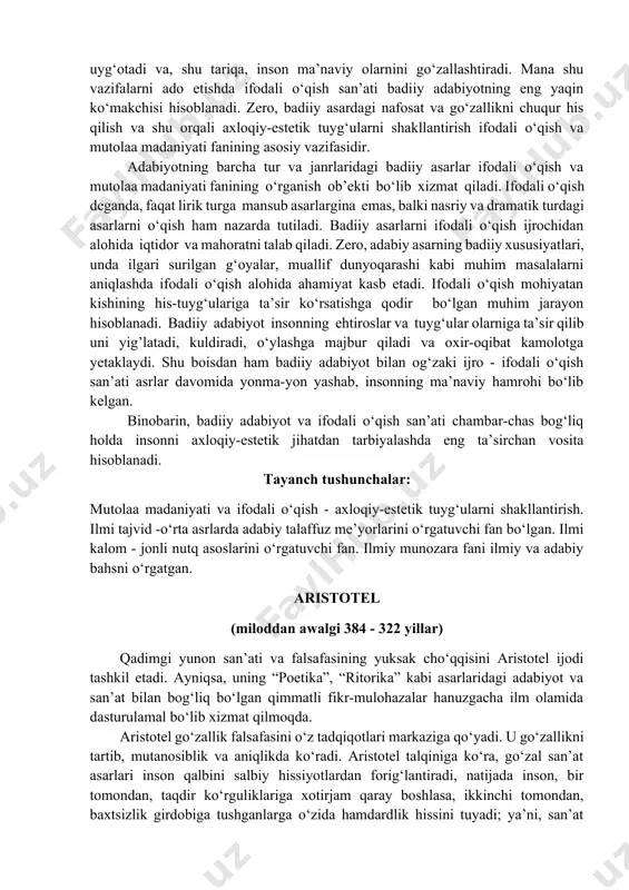 siyatlarini chuqur o‘rganish orqaligina, ifodali o‘qishda ma’lum natijalarga erishish mumkin. xo‘sh, ifodali nutqni o‘rganish uchun nimalarga e’tibor berish kerak? ifodali o‘qish o‘zi nima? sodda qilib aytganda, “ifodali o‘qish adabiy asarni tushunarli va ta’sirchan o‘qish demakdir. bu o‘qish san’ati yod olingan matnni ifodali o‘qishni ham o‘z ichiga oladi. ifodali o‘qishda fikrlarniyanada silliq, aniq, go‘zal shaklda talqin etish uchun emotsional vositalardan unumli foydalaniladi. ifodali o‘qishning badiiy emotsional bo‘lishi uchun o ‘quvchi-ijrochi asar mazmuni, g‘oyaviy-badiiy jihatlari haqida tasavvurga ega bo‘lishi lozim”. ifodali o‘qishning o‘ziga xos xususiyati shundaki, u insonda tuyg‘u va kayfiyatlar hosil qiladi, aniqrog‘i, voqelikning his-tuyg‘uli qiyofasini yaratadi. ifodali o‘qish jarayonida asar voqealari “jonlanadi”, qahramonlar “tilga kiradi”. o‘quvchi bir vaqtning o‘zida ham muallif, ham qiyofa (obraz) yaratuvchi, ham ijrochi sifatida namoyon bo‘ladi. demak, ifodali o‘quvchi ma’lum darajada aktyorlik san’atidan ham xabardor bo‘lishi lozim. ifodali nutq san’atini o‘rganishning muhim vositalardan biri badiiy asarlarni ko‘proq mutolaa qilishdir. asarning mazmun-mohiyati, qahramonlar xarakter xususiyati, maqsad va …