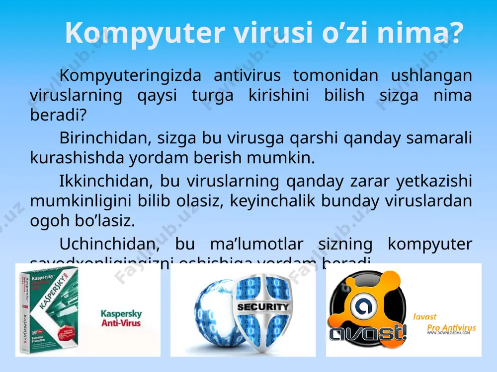 iradi va davolaydi. antiviruslar hozirgi kunda quyidagi antivirus dasturlar keng tarqalgan: kasperskiy lab antivirus; nod32; avast; drweb for dos; drweb for windows; antiviral tool kit pro; avp platinium; norton antivirus; mcafee; aidstest; antiviruslar doctor web, kaspesrkiy, avp, aidstest antivirus dasturlari rossiyaning "kasperskiy" laboratoriyasi tomonidan ishlab chiqarilgan va u mdh davlatlarida ko'p uchraydigan viruslardan xabari bor. norton antivirus mashhur symantec firmasi tomonidan ishlab chiqarilgan bo'lib, u topa oladigan viruslar soni 100 000 dan ortiq. avp dasturi virusdan himoyalaydigan eng ishonchli antivirus dasturi hisoblanadi. drweb dasturining rezident tekshiruv dasturi spider - windows rejimida tekshiruvni olib boradi. bitta kompyuterda bir nechta turdagi antivirus dasturlar o'rnatmagan ma'qul, chunki ularning virusni topish usullari (algoritmlari) har xil hamda ular ham o’zlarini viruslar kabi tutadilar va bu holda ular o'zaro "kelisha olmay qolishlari" mumkin. image2.jpeg image3.jpeg image4.jpeg image5.jpeg image6.jpeg image7.jpeg image8.jpeg image9.jpeg image10.jpeg image11.jpeg image12.png /docprops/thumbnail.jpeg