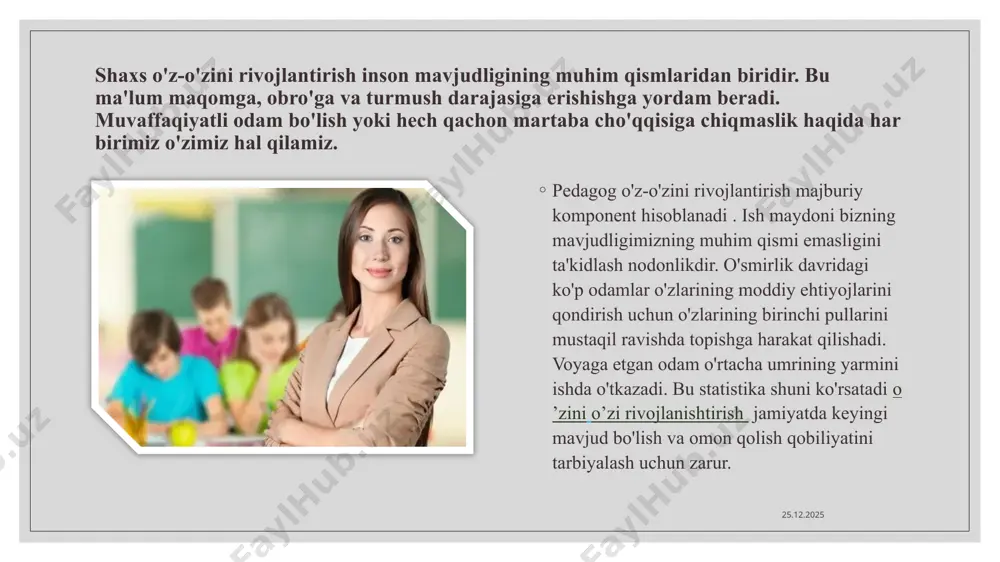 o'zini rivojlantirish jarayoni o'ziga xos tarzda murakkab va ilgari bu haqda o'ylamaganlar uchun tushunarsizdir. ba'zan bu avtomatik ravishda sodir bo'ladi, hatto odamning o'ziga ham sezilmaydi. ammo samarali natijaga osonroq va tezroq erishishga yordam beradigan o'z-o'zini rivojlantirishning ishlab chiqilgan usullari mavjud. o'z-o'zini anglashning to'g'ri usullarini tanlab, maqsadlaringizga erishish va o'zingizning "men" ni iloji boricha yaxshilash juda oson. shuning uchun ba'zan o'z sohangizdagi mutaxassis, psixolog yoki malakali murabbiydan yordam so'rash juda muhimdir. 06.11.2022 doimiy ravishda bilim va pedagogik mahoratni oshirish, mehnatga ijodiy munosabatda bo‘lish, o‘qitish va tarbiya usullarini egallash o‘quvchilar va ota-onalar e’tiboridan chetda qola olmaydi. shuning uchun, sinfga kirayotganda, o'qituvchining yonayotgan ko'zlari, o'z faniga bo'lgan ishtiyoqi bo'lishi mumkinligini yodda tutish kerak. kichkina odam biror mavzuni o'rganishda jazolanish yoki kamsitish qo'rquvidan ko'ra ko'proq motiv. yosh o'qituvchi dastlab o'qituvchi nafaqat "bilim beradi", balki o'qituvchining nutqini ham tushunishi kerak. tashqi ko'rinish, axloqiy fazilatlar - yosh fuqaro uchun jamiyatdagi xatti-harakatlar modeli. e’tiboringiz uchun rahmat. 06.11.2022 …