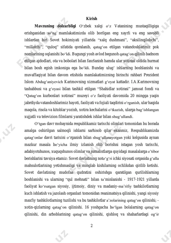 a televizion filmlarni yaratishdek ishlar bilan shug‘ullandi. о‘tgan davr mobaynida respublikamiz tarixchi olimlari tomonidan bu borada amalga oshirilgan salmoqli ishlarni sarhisob qilar ekanmiz, respublikamizda qatag‘onlar davri tarixini о‘rganish bilan shug‘ullanayotgan yoki kelgusida aynan mazkur masala bо‘yicha ilmiy izlanish olib borishni istagan yosh tarixchi, adabiyotshunos, xuquqshunos olimlar va jurnalistlarga quyidagi masalalarga e’tibor berishlarini tavsiya etamiz: sovet davlatining notо‘g‘ri ichki siyosati orqasida g‘alla mahsulotlarining yetishmasligi va minglab kishilarning ochlikdan qirilib ketishi. sovet davlatining mudofaa qudratini oshirishga qaratilgan qurilishlarning boshlanishi va ularning “qul mehnati” bilan ta’minlanishi - 1917-1921 yillarda faoliyat kо‘rsatgan siyosiy, ijtimoiy, diniy va madaniy-ma’rifiy tashkilotlarning kuch ishlatish va jazolash organlari tomonidan reanimatsiya qilinishi, yangi siyosiy maxfiy tashkilotlarning tuzilishi va bu tashkilotlar a’zolarining qatag‘on qilinishi; - xotin-qizlarning qatag‘on qilinishi. 16 yoshgacha bо‘lgan bolalarning qatag‘on qilinishi, din arboblarining qatag‘on qilinishi, qishloq va shaharlardagi og‘ir 3 iqtisodiy sharoit va oddiy mehnat ahlining qatag‘on qilinishi, davlat va partiya organlarining zaiflashishi va bu organlarga chetdan keltirilgan …