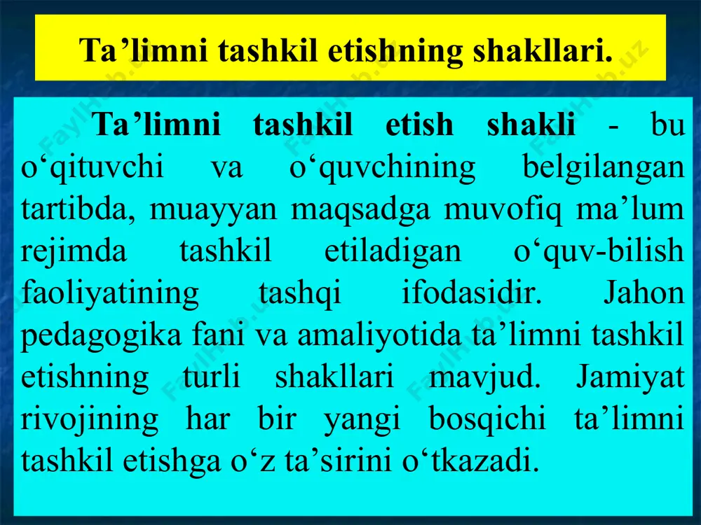 rs ta’limning boshqa shakllaridan farq qiluvchi o‘ziga xos belgilariga ega, chunonchi: o‘quvchilarning doimiy guruhi, o‘quvchilar faoliyatiga ulaming har biri xususiyatlarini hisobga olish bilan rahbarlik qilish, o‘rganilayotgan fan asoslarini bevosita darsda egallab olish. dаrsning turlаri vа tuzilishi. dаrsning quyidаgi turlаri mаvjud: аrаlаsh (kоmbinаtsiоn dаrs). yangi bilimlаrni bаyon qilish dаrsi. o‘rgаnilgаnlаrini tаkrоrlаsh vа mustаhkаmlаsh dаrsi. o‘quvchilаrning bilim, ko‘nikmа vа mаlаkаlаrini nаzоrаt qilish dаrsi. lаbоrаtоriya dаrslаri. аmаliy dаrslаr. aralash darsning tuzilishi: yangi hilimlarni bayon qilish darsining tuzilishi: tashkiliy qism; o‘tilgan mavzuni takrorlash (uy vazifasini tekshirish); yangi mavzuni bayon qilish; o‘rganilgan materialni mustahkamlash; o‘quvchilami baholash; uy vazifasi. tashkiliy qism; yangi mavzuni bayon qilish; o‘rganilgan materialni mustahkamlash; uy vazifasi. o‘rganilganlarni takrorlash va mustahkamlash darsining tuzilishi: о‘quvchilarning bilim, ko‘nikma va malakalarini nazorat qilish darsining tuzilishi: tashkiliy qism; b) o‘rganilgan mavzularga doir savol-javob o‘tkazish; v) o‘rganilgan mavzularga doir amaliy topshiriqlami bajarish; g) o‘quychilami baholash. tashkiliy qism; b) o‘rganilganlami umumiy tarzda takrorlash (yodga tushirish); v) nazorat ishini o‘tkazish; …