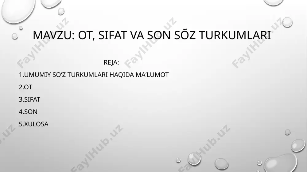 , amper. turdosh ot ifodalangan tushunchaning xarakteriga ko‘ra: a) muayyan; b) mavhum otlarga bo‘linadi. ot derivatsiyasi otlar ikki xil – affiksatsiya va kompozitsiya usuli bilan yasaladi. shunga muvofiq, ot yasashning affiksal va kompozitsion qolipi mavjud. bu qolip ham o‘z o‘rnida unumli, unumsiz; mahsuldor va kammahsul turga bo‘linadi. chi affiksli ot + -chi = 1) asosdan anglashilgan narsa bilan bog‘liq kasb, mutaxassislik bilan shug‘ullanuvchi shaxs oti; 2) asosdan anglashilgan ish/harakat/hodisa shug‘ullanuvchi shaxs oti; 3) asosdan anglashilgan ish-harakat, faoliyatda qatnashuvchi shaxs oti; 4) ish-faoliyatda biror oqim, maslak va sh.k. tarafdori, shularga mansub bo‘lgan shaxsni bildiruvchi ot; ot + -kash = 1) asosdan anglashilgan ish, mashg‘ulot bilan shug‘ullanuvchi shaxs oti: zambilkash, kirakash, loykash, (paxsakash); b) asosdan anglashilgan ishni bajarish odati kuchli bo‘lgan shaxs oti: janjalkash, hazilkash.shunos affiksli ot + -shunos = asosdan anglashilgan sohani o‘rganuvchi mutaxassis qolipi bir ma’noli bo‘lib, u quyidagi hosilalarni bergan: adabiyotshunos, tilshunos, tarixshunos, o‘lkashunos, musiqashunos kabi. ot + -kash …